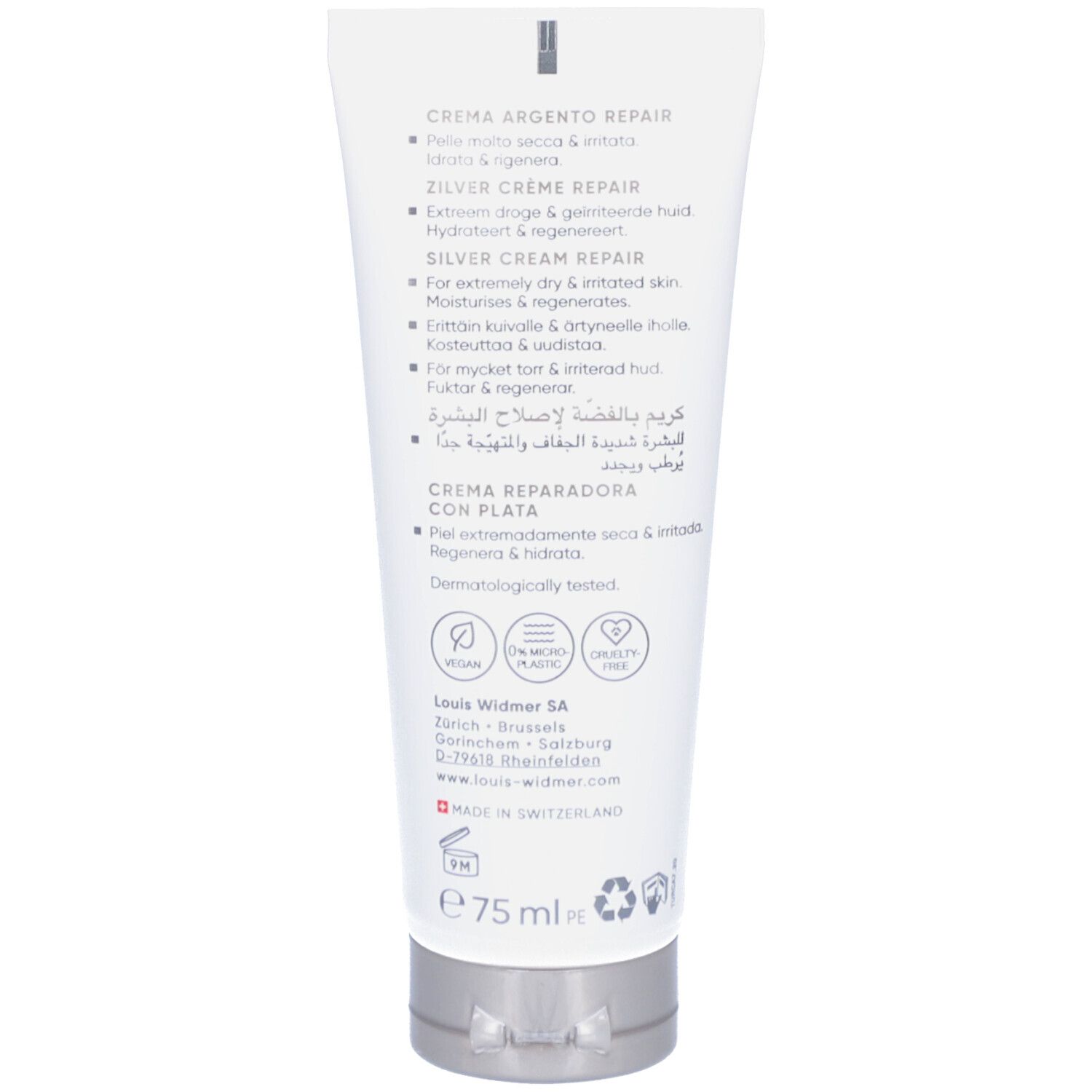 Rückseite der Louis Widmer Remederm Silber Creme Repair Tube. Text in mehreren Sprachen. Inhaltsstoffe, Logo, 75 ml, dermatologisch getestet.