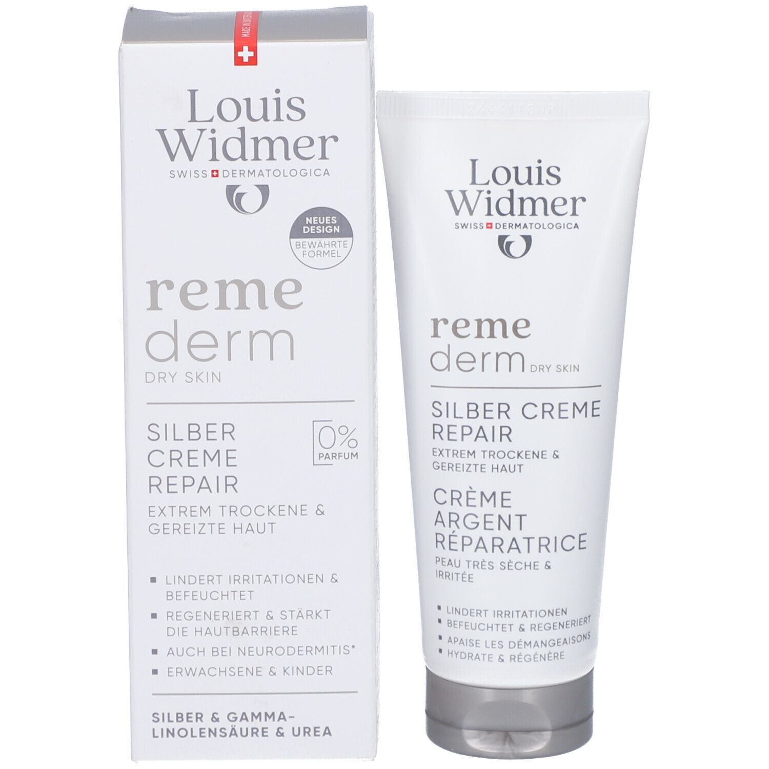 Louis Widmer Remederm Silber Creme Repair, Tube und Schachtel. Weiß, Text: reme derm, Silber Creme Repair, 0% Parfum. Für trockene Haut.