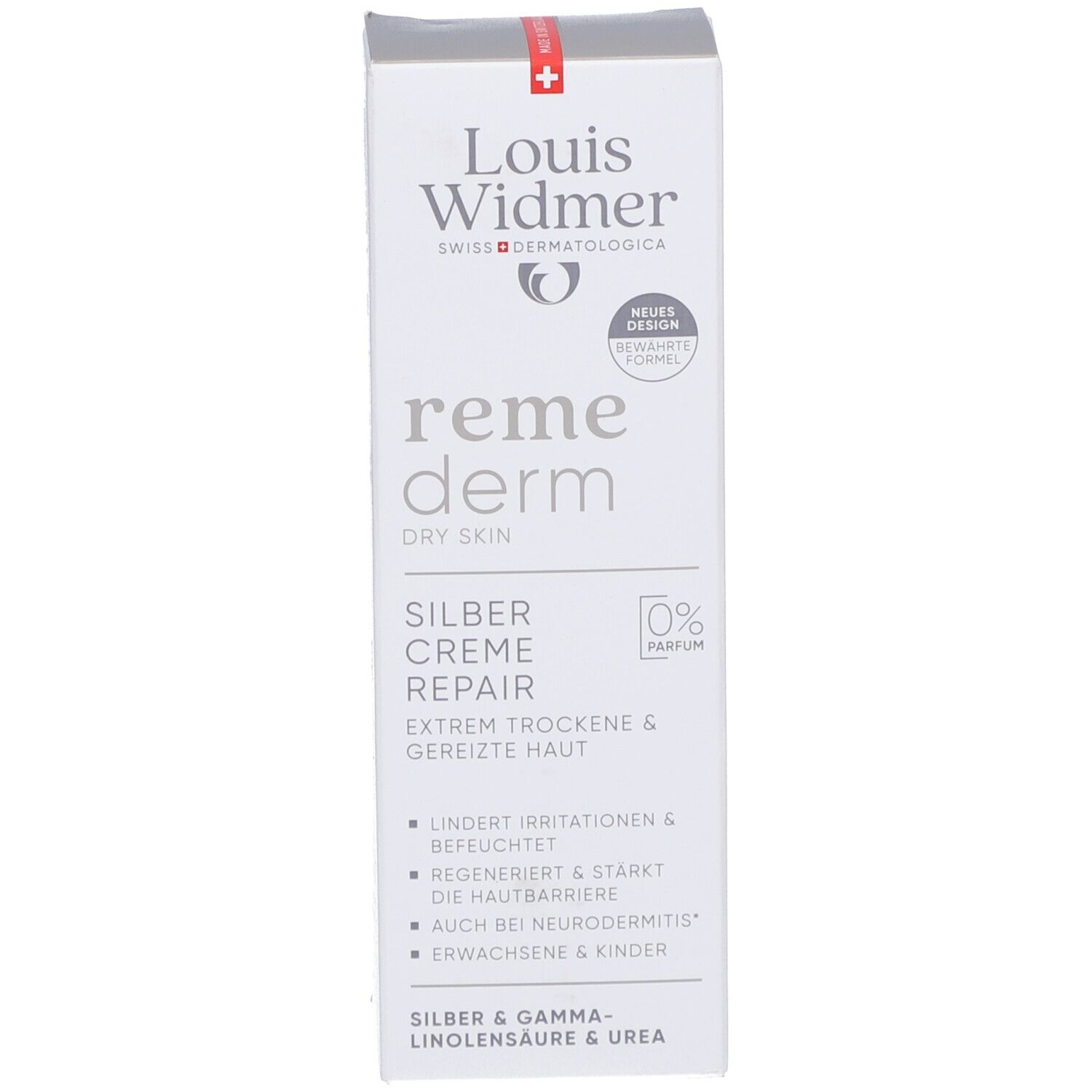 Schachtel Louis Widmer Remederm Silber Creme Repair. Weiß, Text: reme derm, Silber Creme Repair, 0% Parfum. Für trockene Haut.