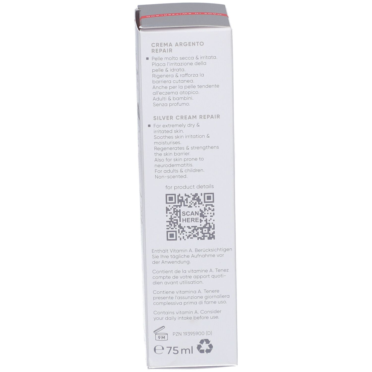 Seite der Schachtel Louis Widmer Remederm Silber Creme Repair. Text in mehreren Sprachen, QR-Code, 75 ml. Dermatologisch getestet.
