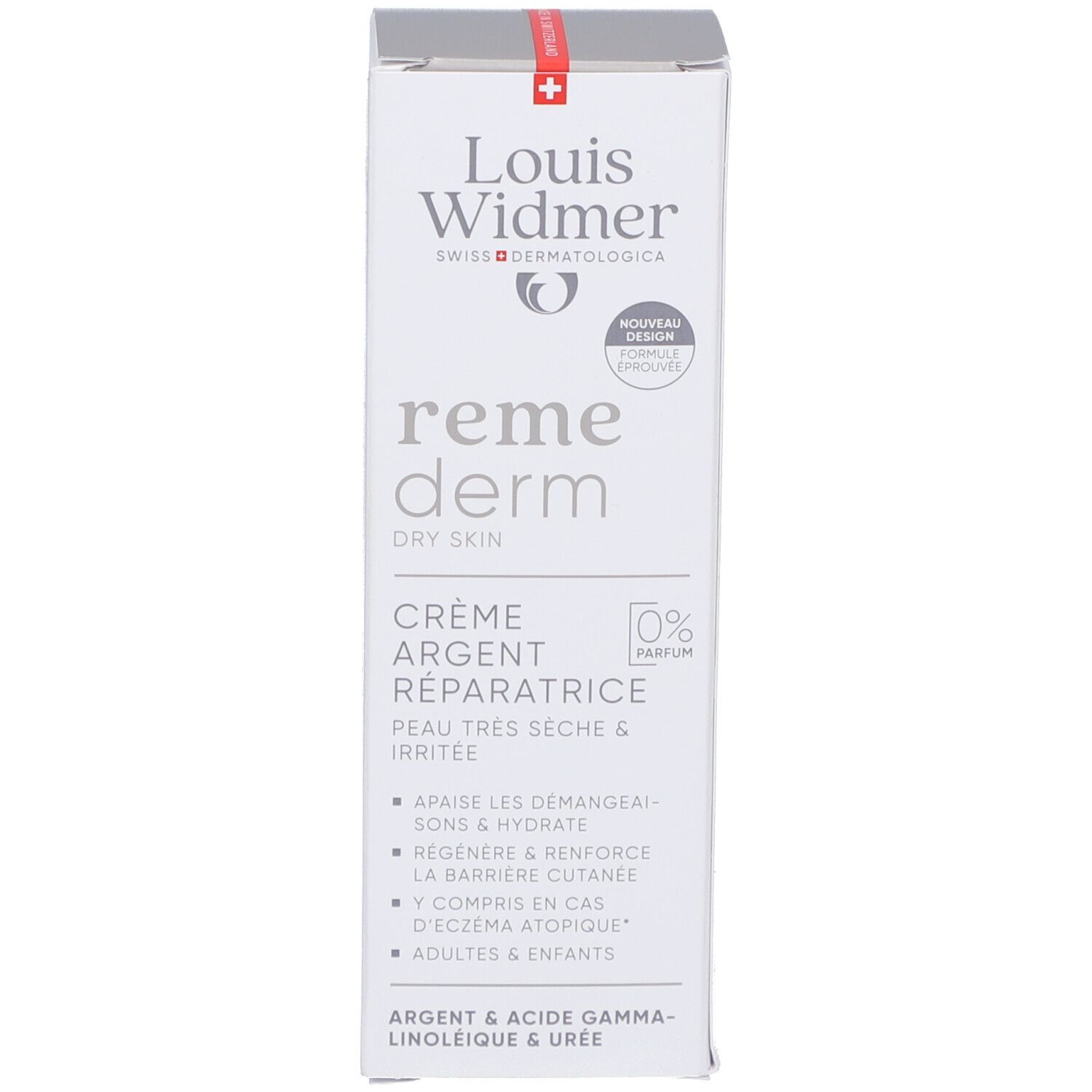 Schachtel Louis Widmer Remederm Silber Creme Repair. Text: reme derm, Silber Creme Repair, 0% Parfum. Für trockene Haut, für Neurodermitis.