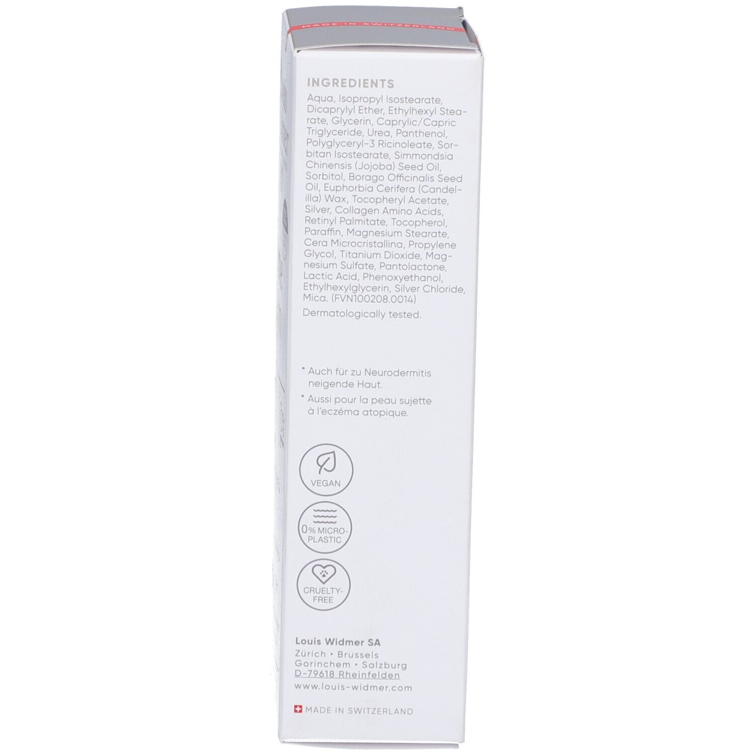 Seite der Schachtel Louis Widmer Remederm Silber Creme Repair. Inhaltsstoffe, Logos: Vegan, Ohne Mikroplastik, Cruelty Free. Made in Switzerland.
