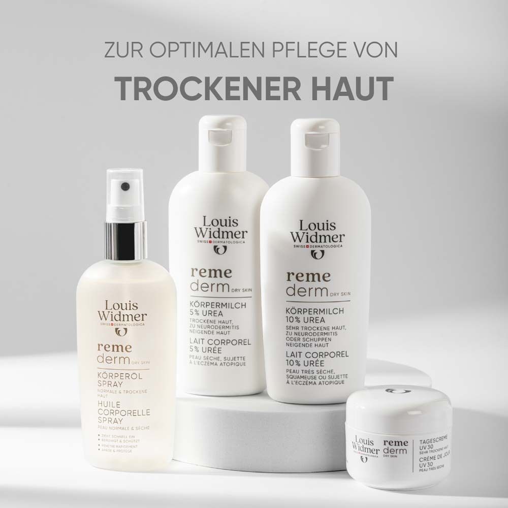 Produktreihe für trockene Haut. Produkte: Körpermilch, Körperspray, Tagescreme. Text: Zur optimalen Pflege von trockener Haut.