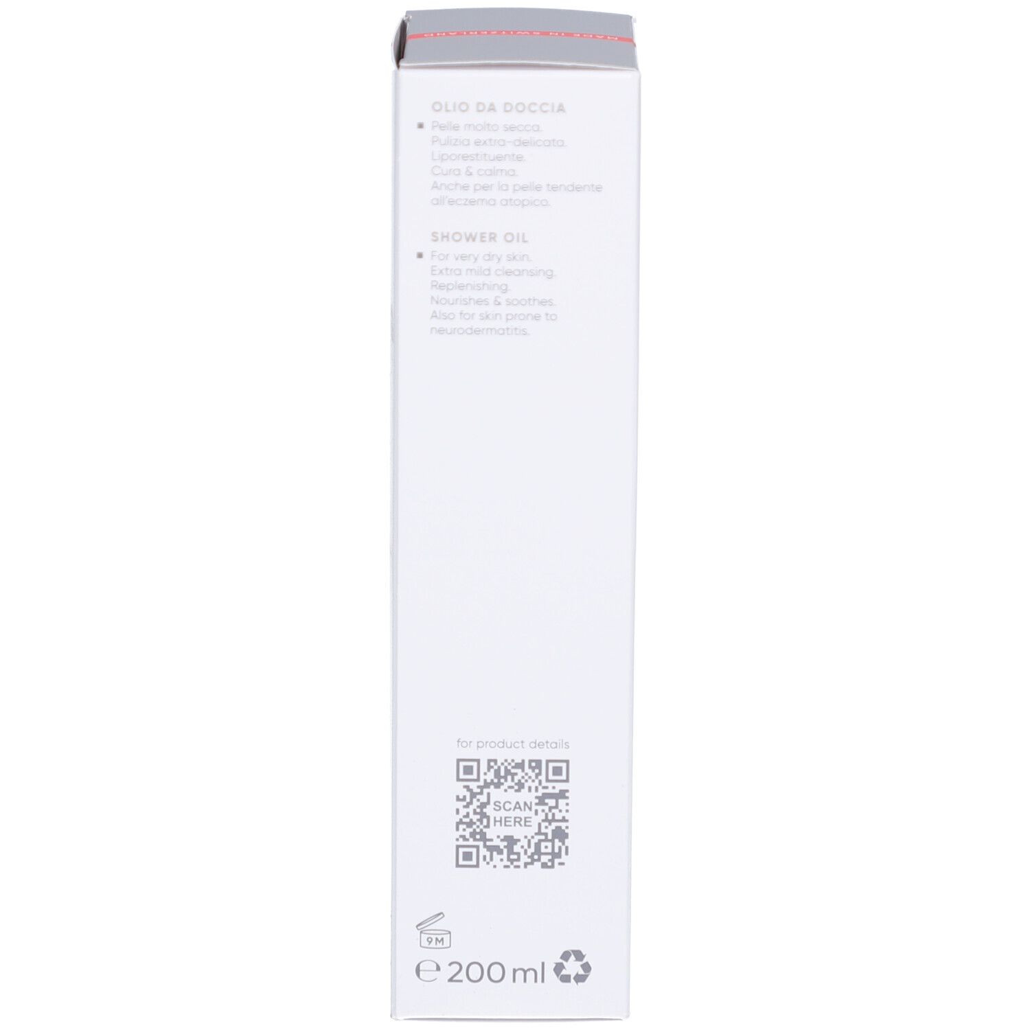 Rückseite der weißen Schachtel. Text in mehreren Sprachen. QR-Code. Volumen: 200 ml.