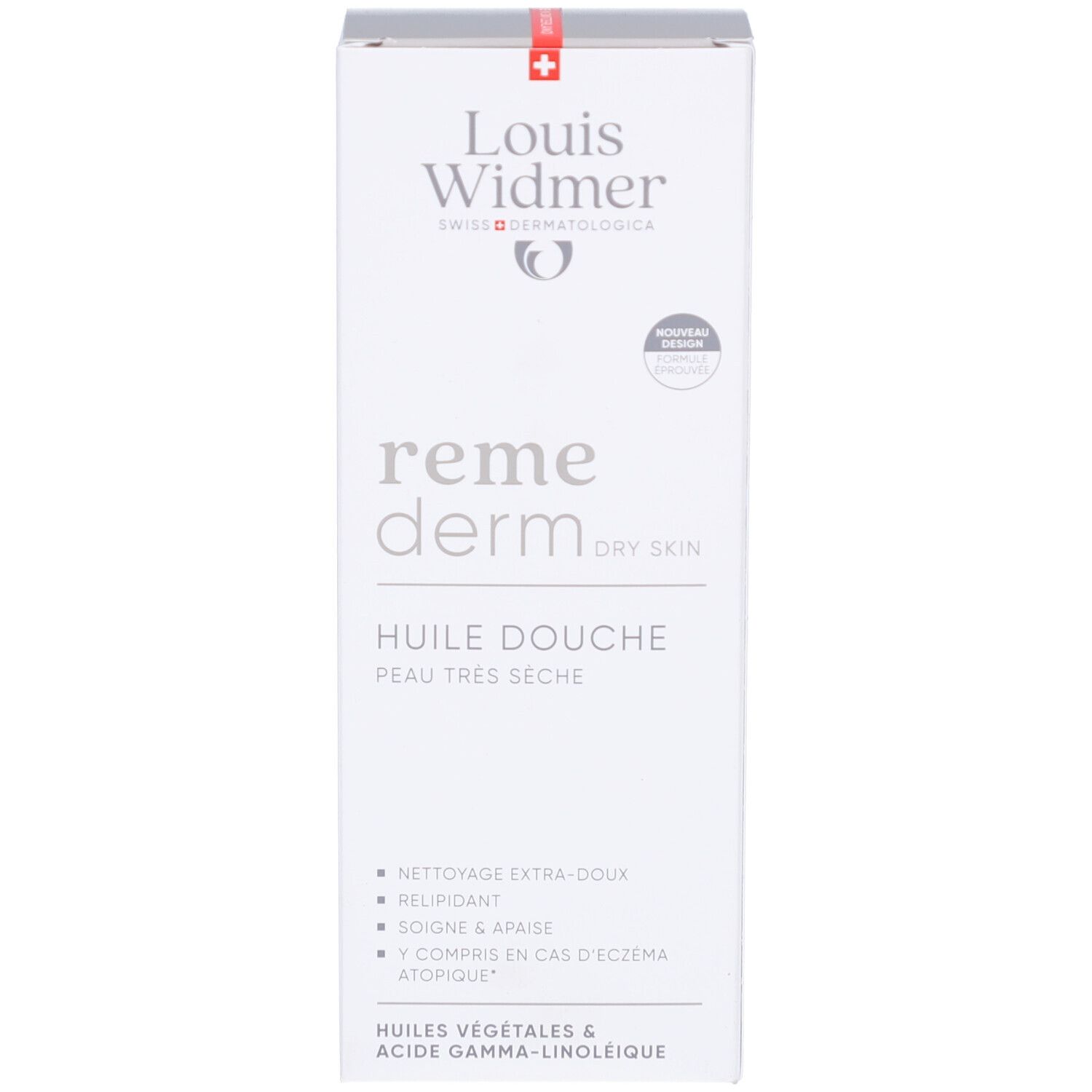 Weiße Schachtel mit rotem Streifen. Aufschrift: Louis Widmer, remederm, Huile douche, peau très sèche. Logo. Neues Design.
