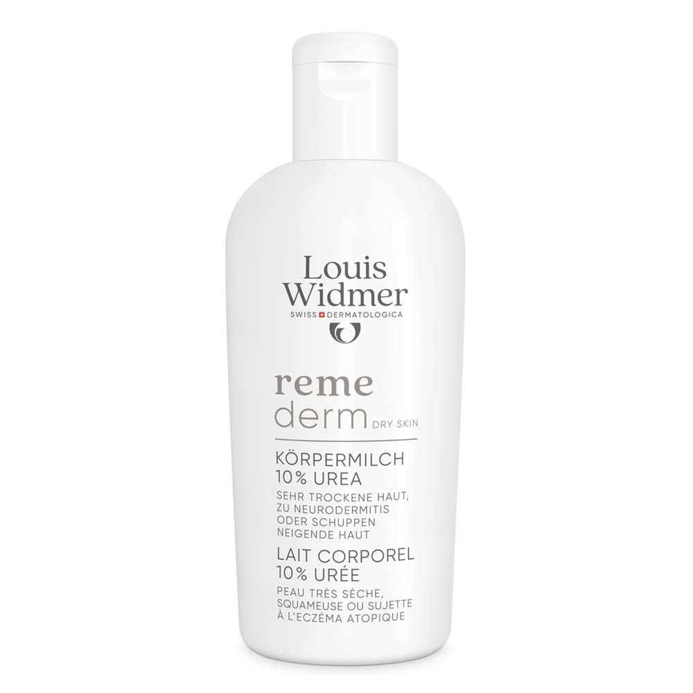 Weiße Flasche Louis Widmer Remederm Körpermilch 10% Urea. Aufschrift: Trockene Haut, Neurodermitis, Schuppen. Mit Klappverschluss.