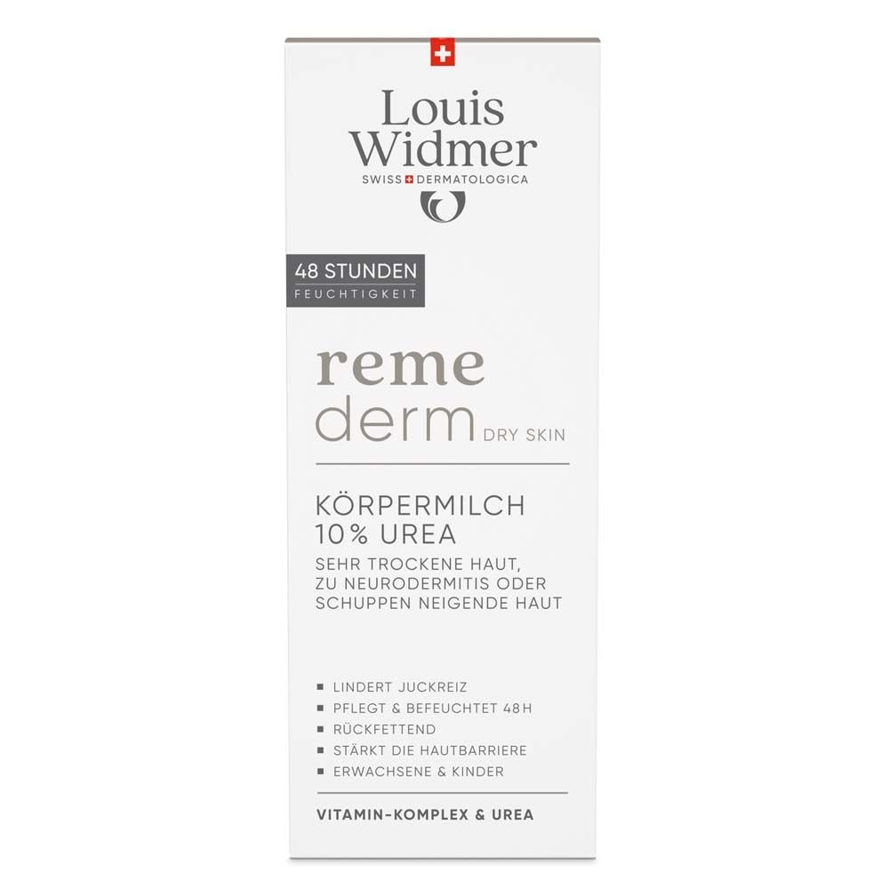 Weiße Verpackung Louis Widmer Remederm Körpermilch 10% Urea. Aufschrift: Trockene Haut, Neurodermitis, Schuppen. Mit rotem Kreuz.