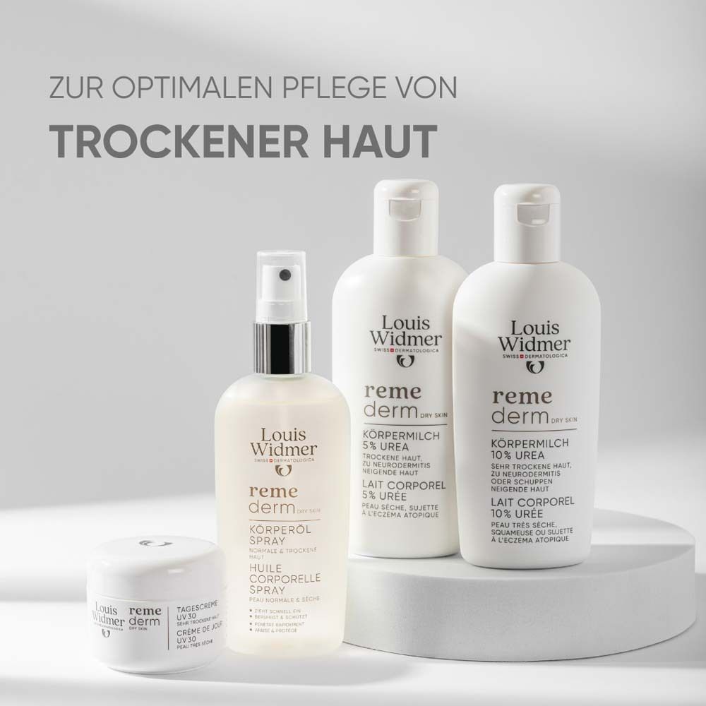Verschiedene Louis Widmer Produkte: Körpermilch 5% Urea, Körpermilch 10% Urea, Körperspray, Creme. Für trockene Haut.