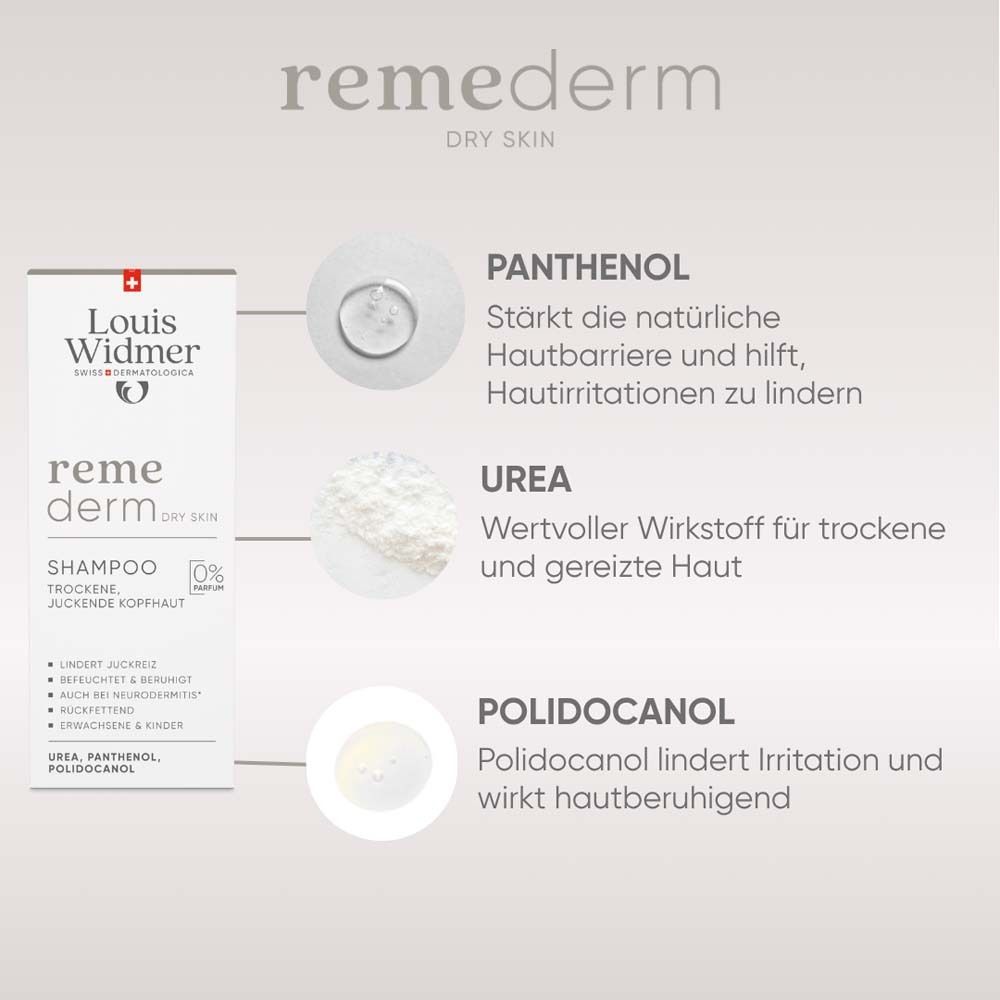 Shampoo-Flasche und Inhaltsstoffe. Text: Shampoo, trockene, juckende Kopfhaut. Inhaltsstoffe: Urea, Panthenol, Polidocanol.