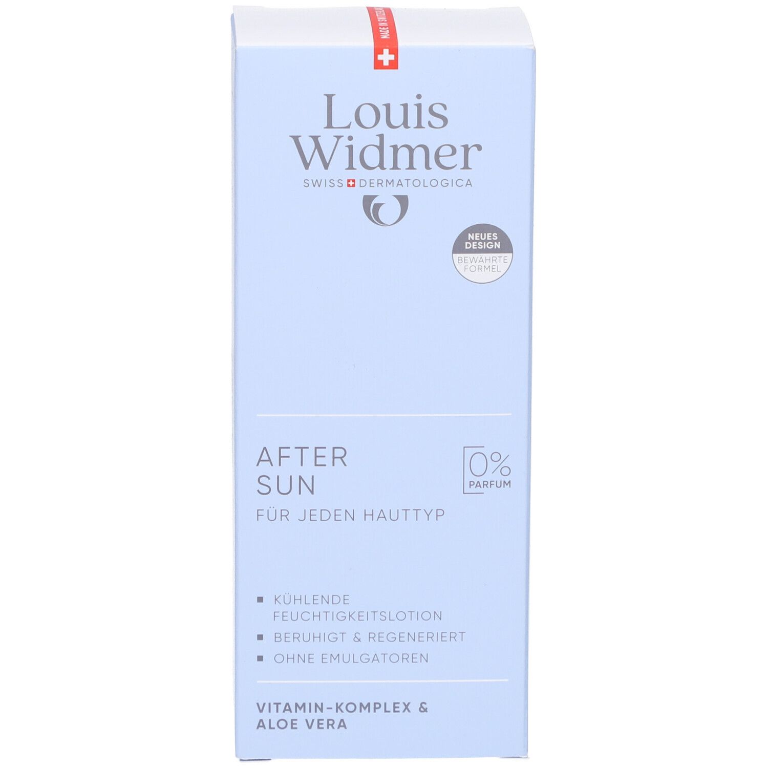 Blaue Produktverpackung. Aufschrift: Louis Widmer, After Sun, für jeden Hauttyp. 0% Parfum. Neues Design. Vitamin-Komplex & Aloe Vera.