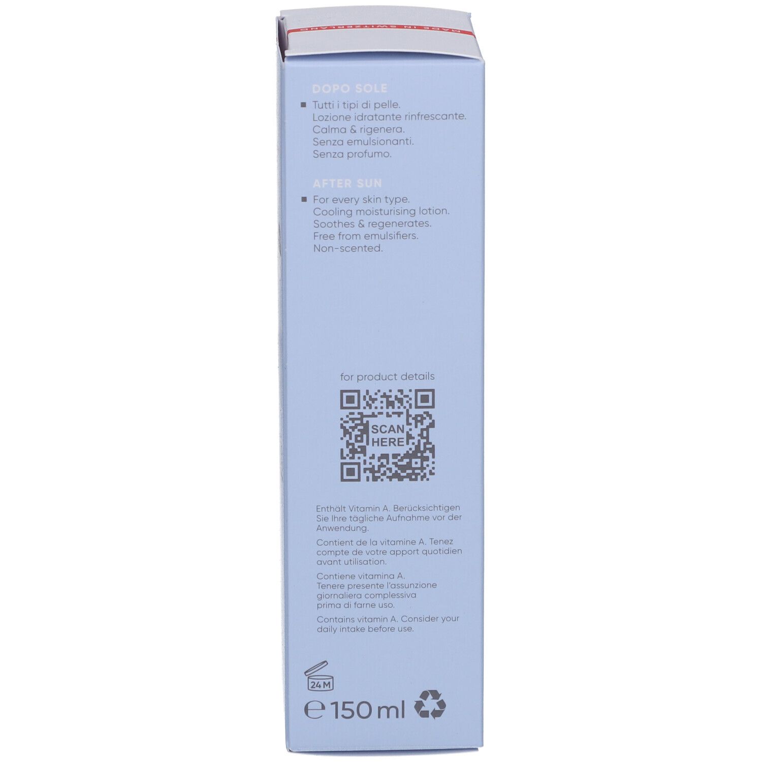 Blaue Produktverpackung, Seitenansicht. Text in mehreren Sprachen. QR-Code. Inhaltsstoffe. 150 ml. Zertifizierungen.