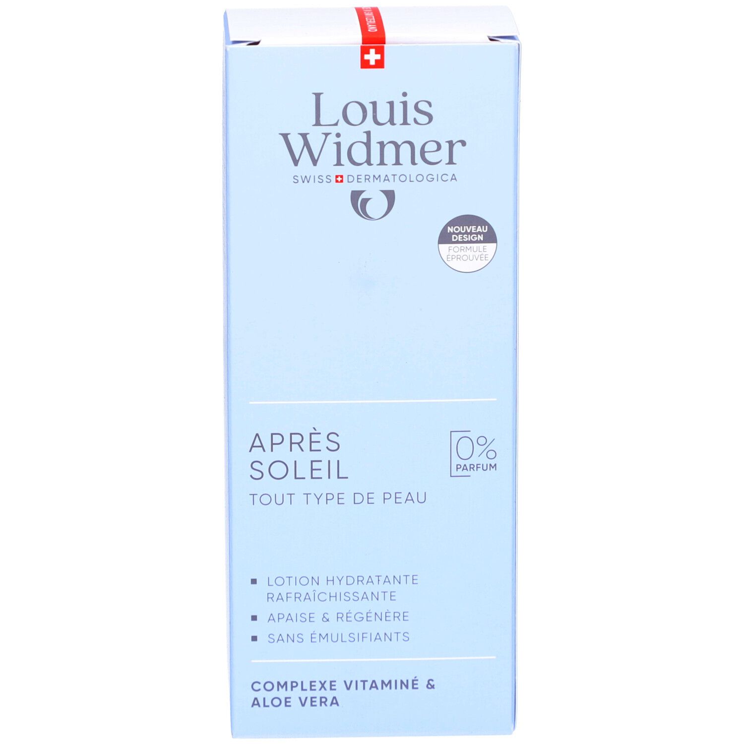Blaue Produktverpackung. Aufschrift: Louis Widmer, Après Soleil, tout type de peau. 0% Parfum. Neues Design. Vitamin-Komplex & Aloe Vera.