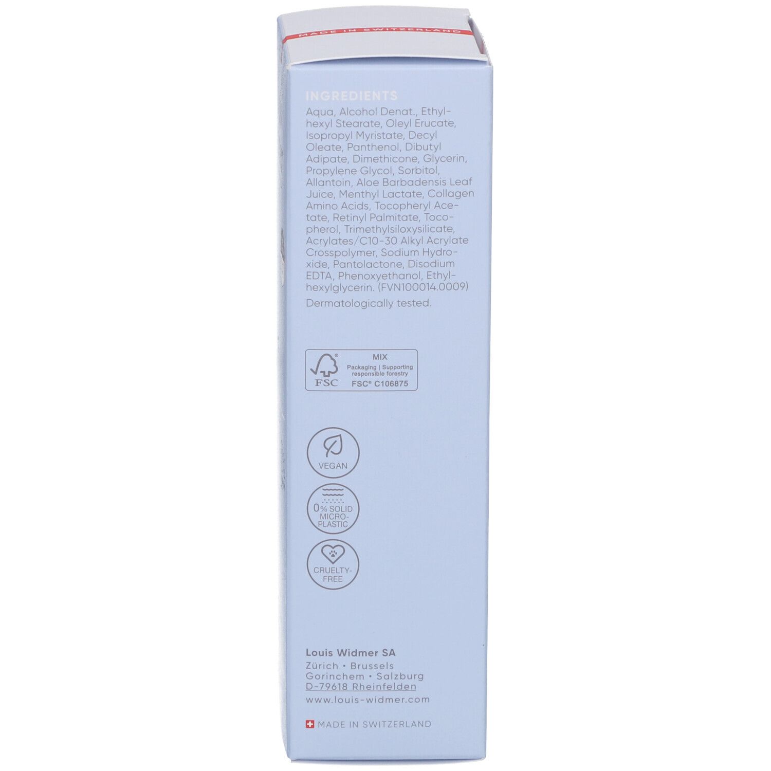 Blaue Produktverpackung, Detailansicht. Inhaltsstoffe, Zertifizierungen, Herstellerinformationen. Hergestellt in der Schweiz.