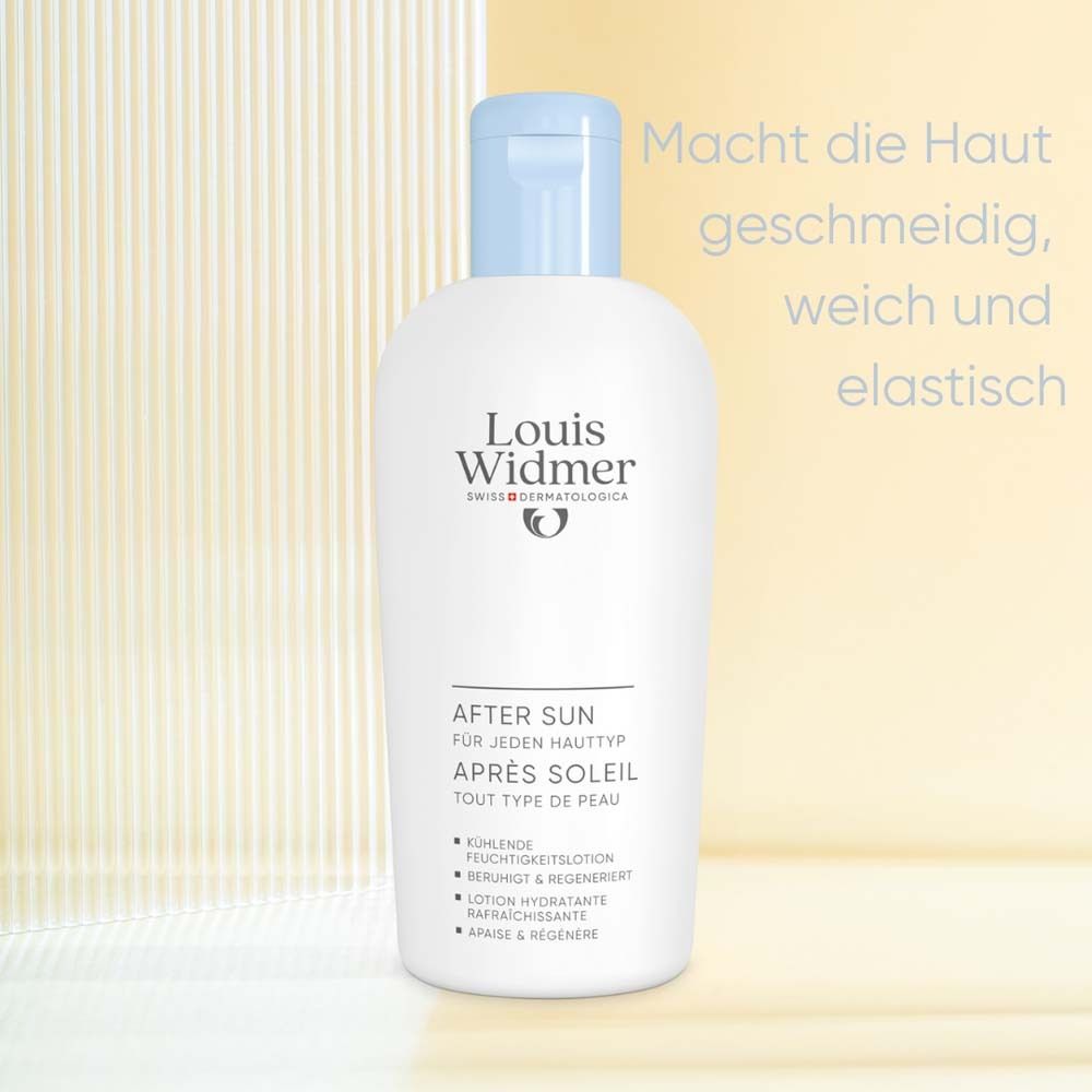 Weiße Flasche Louis Widmer After Sun. Blauer Deckel. Text: Après Soleil.