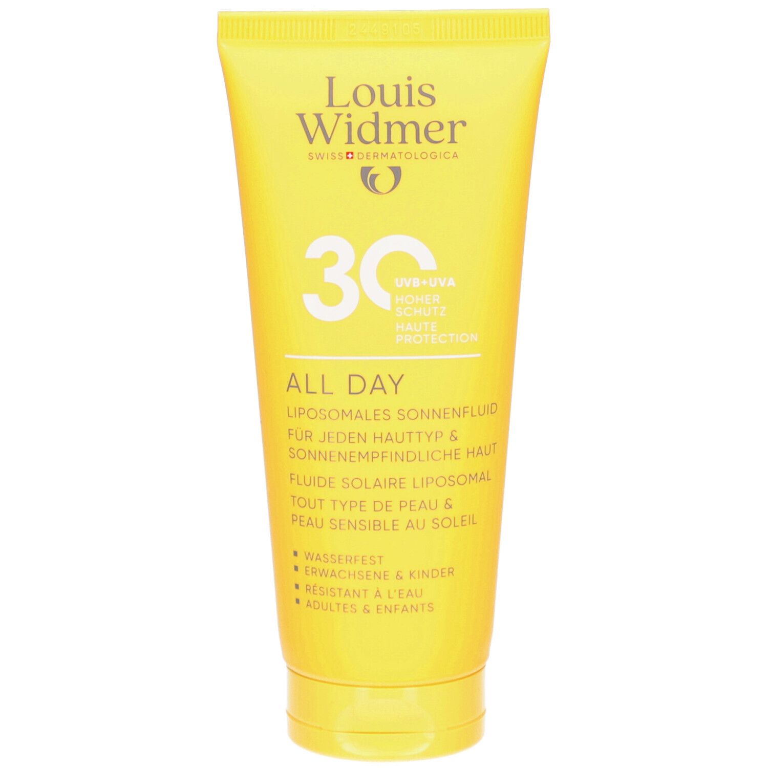 Gelbe Tube mit Sonnenfluid. Aufschrift: Louis Widmer, 30, All Day, UV-Schutz. Für jeden Hauttyp, wasserfest.