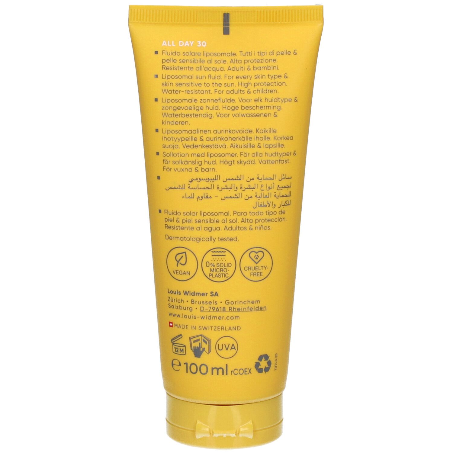 Rückseite der Sonnenfluid-Tube. Enthält Informationen zu Inhaltsstoffen, Anwendung und Zertifizierungen. Vegan, 0% Plastik, Cruelty-free.