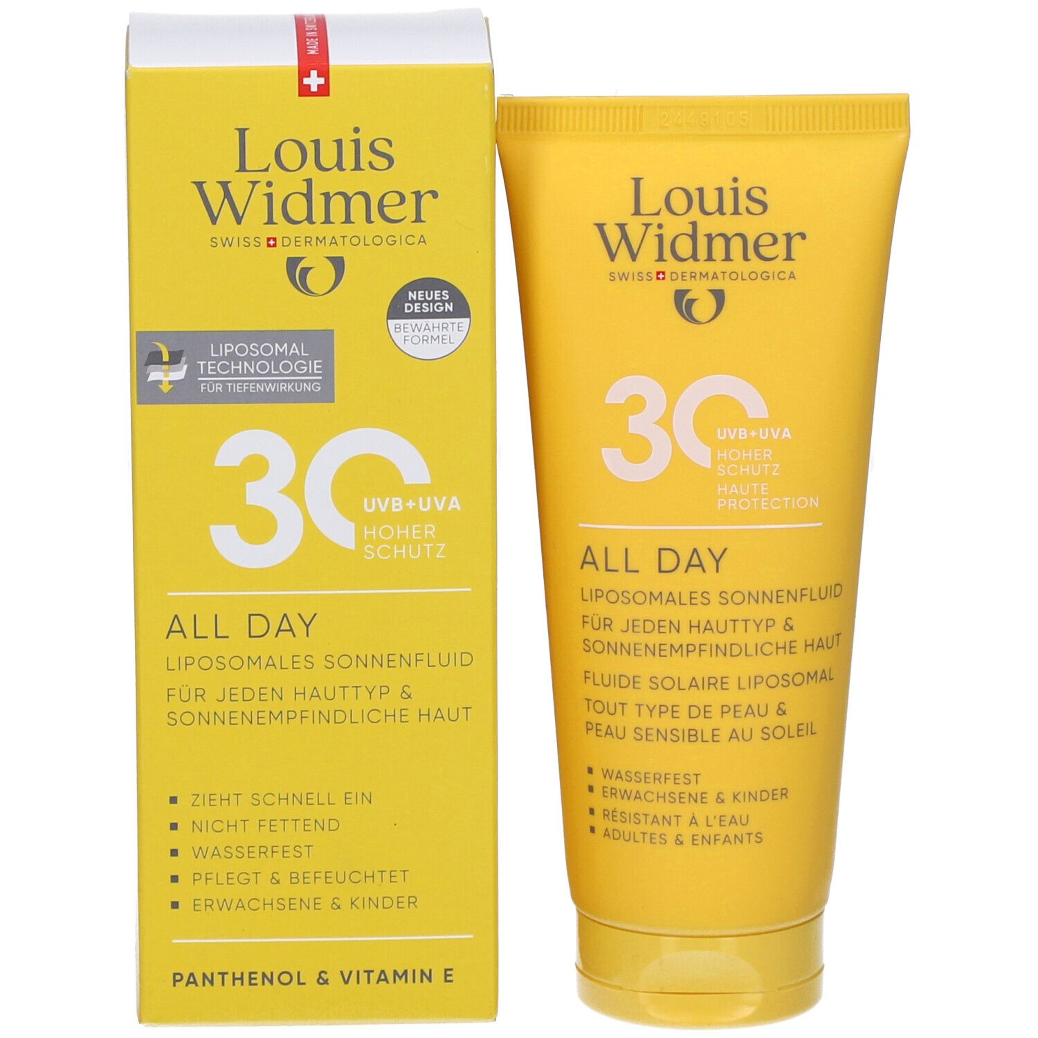 Sonnenfluid-Tube und Verpackung. Aufschrift: Louis Widmer, 30, All Day, UV-Schutz. Für jeden Hauttyp. Mit Panthenol & Vitamin E.