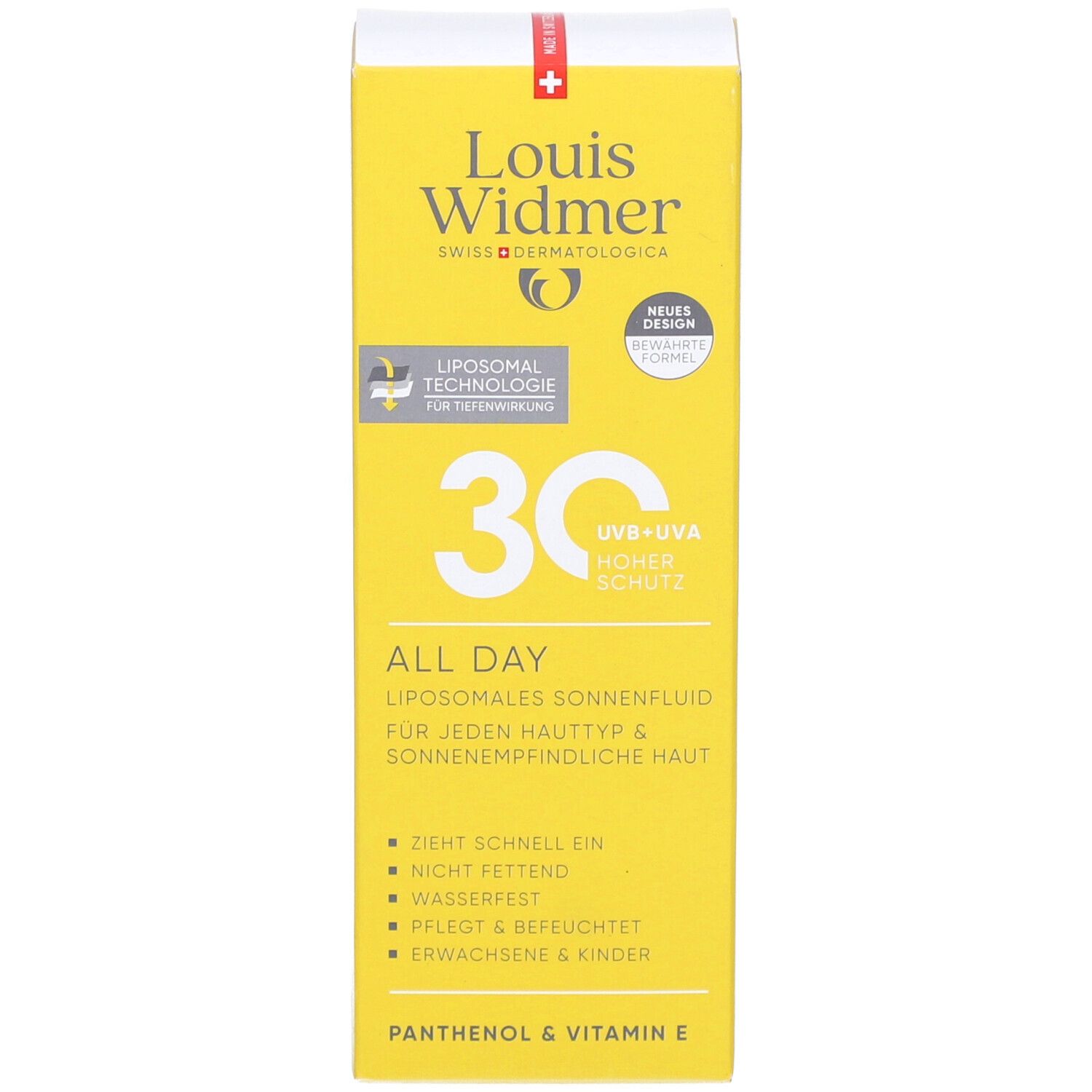 Verpackung des Sonnenfluids. Aufschrift: Louis Widmer, 30, All Day, UV-Schutz. Für jeden Hauttyp. Mit Panthenol & Vitamin E.