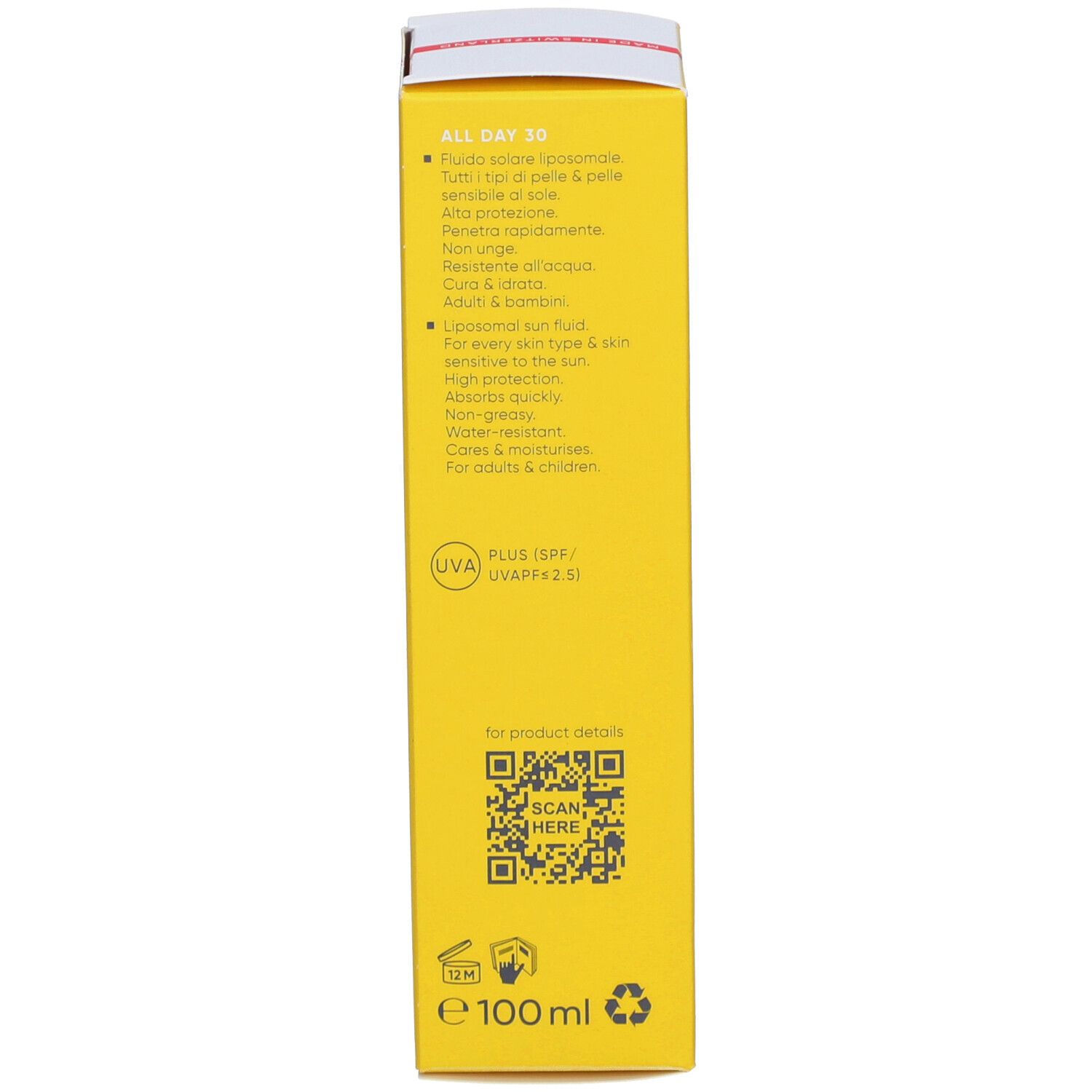 Seite der Sonnenfluid-Verpackung. Enthält Informationen zur Anwendung, Inhaltsstoffe und QR-Code. 100 ml.
