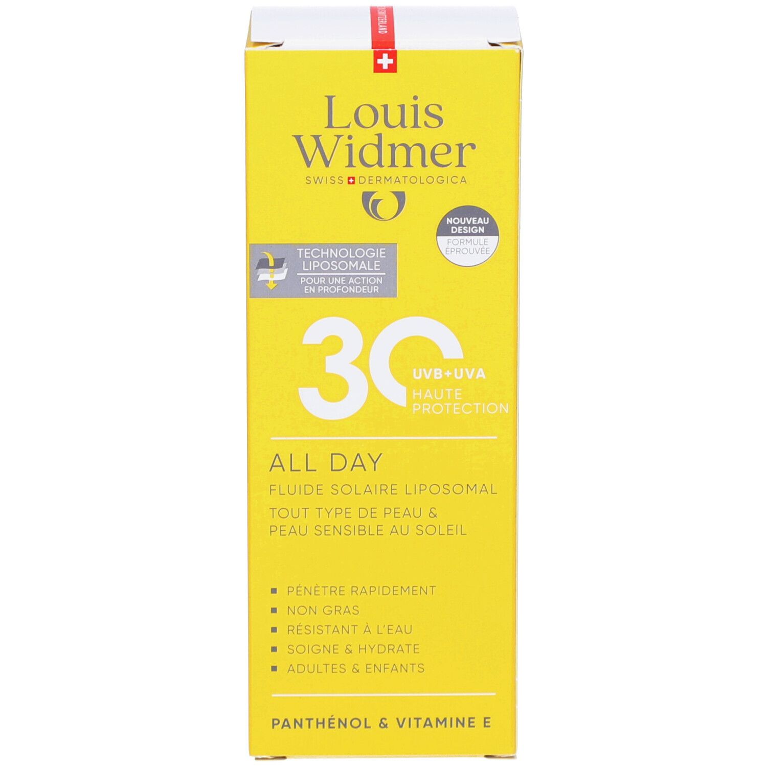 Verpackung des Sonnenfluids. Aufschrift: Louis Widmer, 30, All Day, UV-Schutz. Für jeden Hauttyp. Mit Panthenol & Vitamin E.