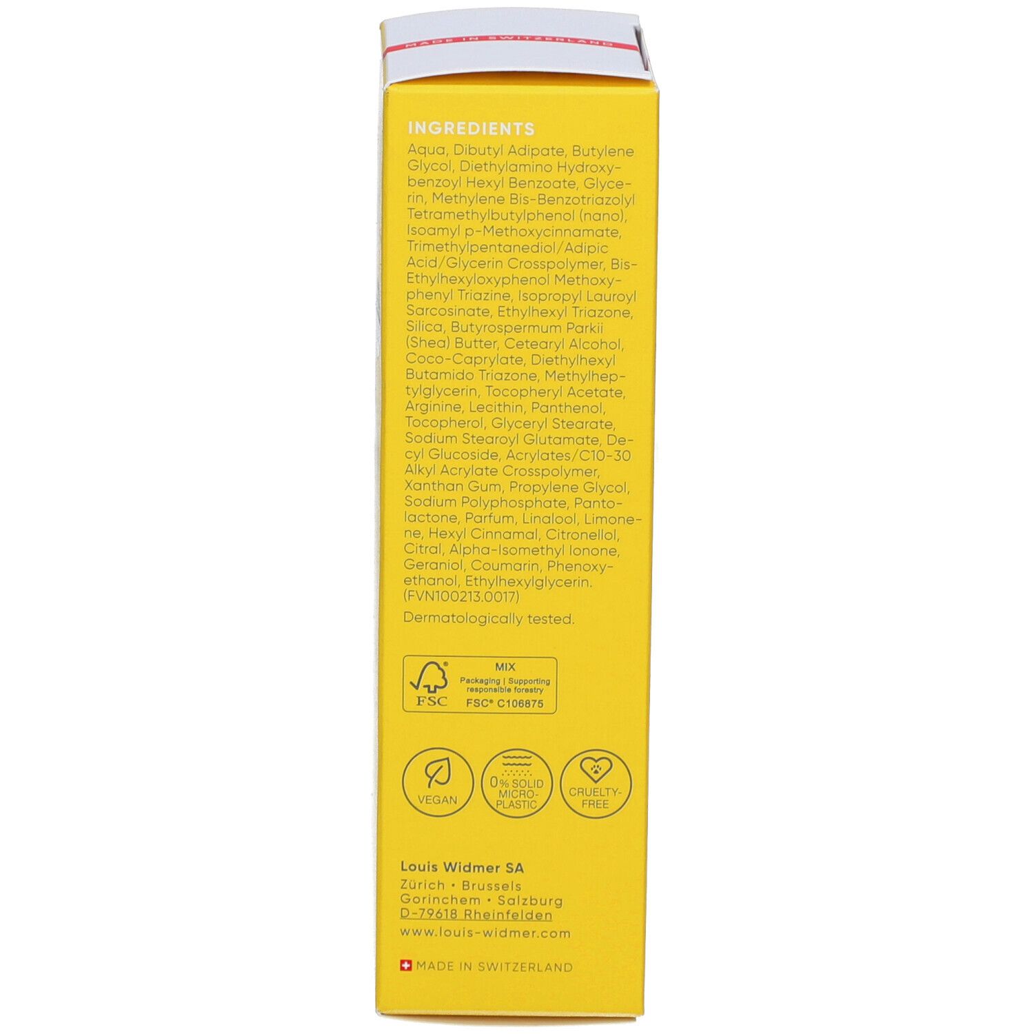 Rückseite der Sonnenfluid-Verpackung. Auflistung der Inhaltsstoffe, Zertifizierungen und Herstellerinformationen. Vegan, Cruelty-free.
