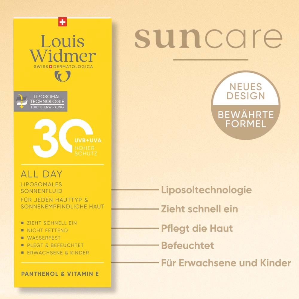 Gelbe Verpackung von Louis Widmer All Day 30. Text: Liposomales Sonnenfluid, 30, UVB+UVA hoher Schutz. Neues Design, bewährte Formel.