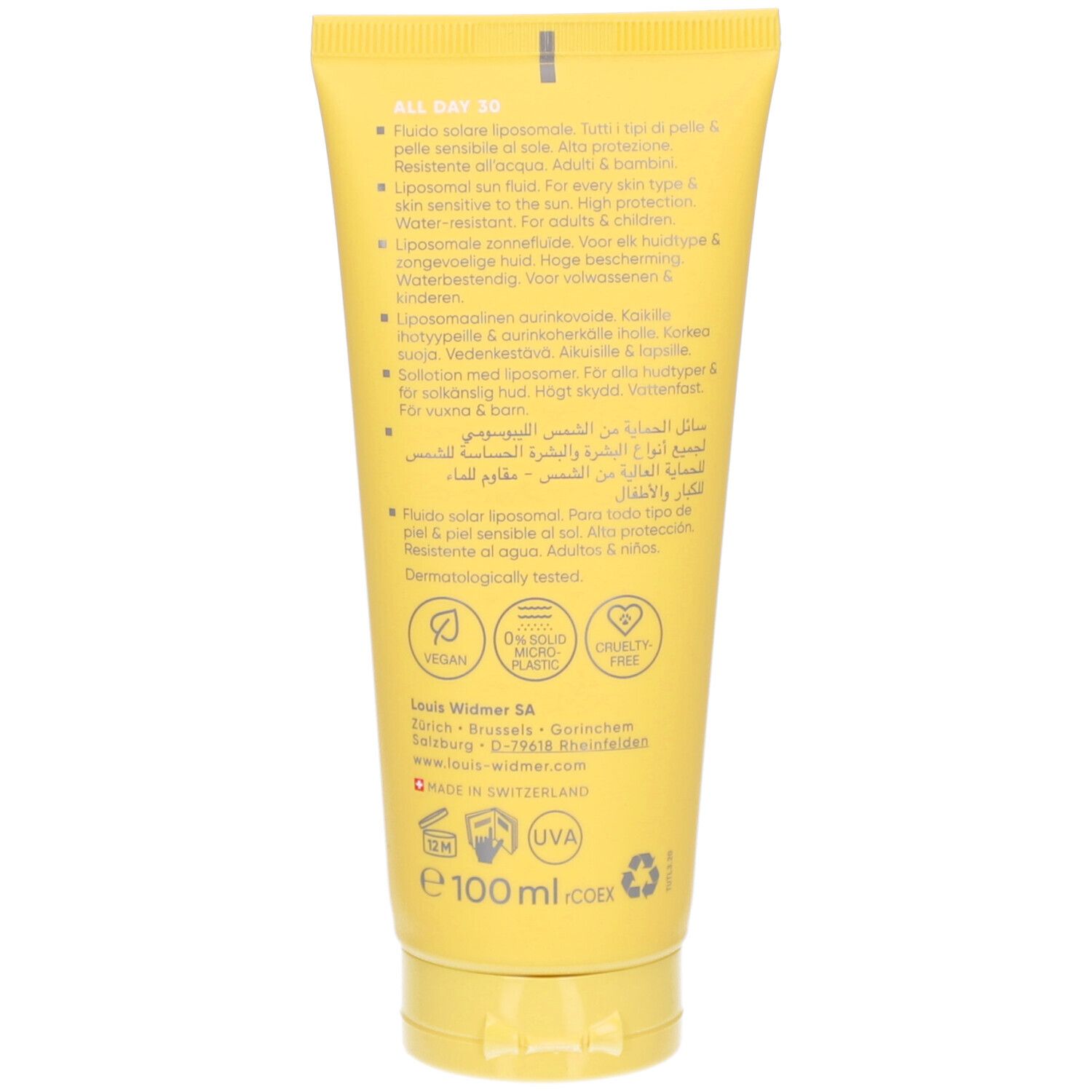 Rückseite der gelben Tube. Text: Louis Widmer, Inhaltsstoffe, vegan, on sour plastic, cruelty free. 100 ml, UVA.