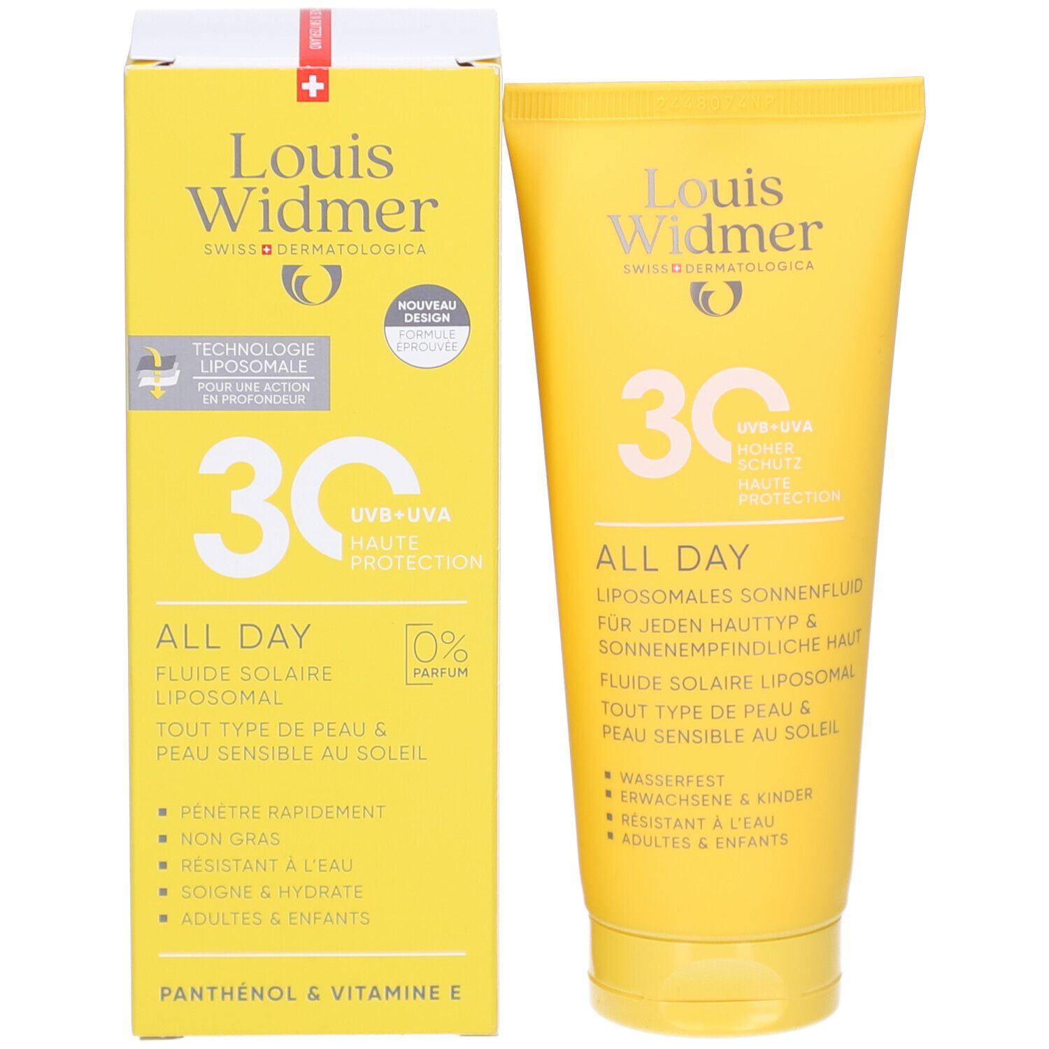 Produktverpackung mit Tube. Gelbe Schachtel und Tube. Text: Louis Widmer, 30, All Day, liposomales Sonnenfluid. 0% Parfum.