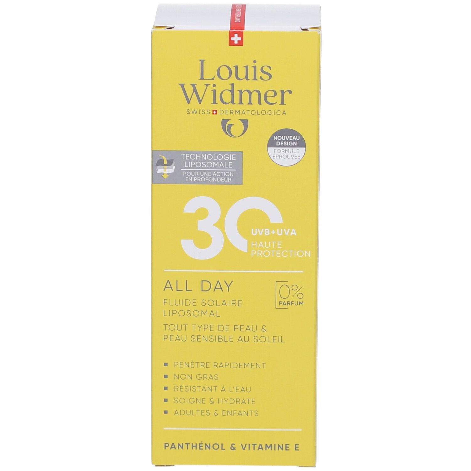 Gelbe Produktverpackung. Text: Louis Widmer, 30, All Day, liposomales Sonnenfluid. 0% Parfum. Panthenol & Vitamin E.