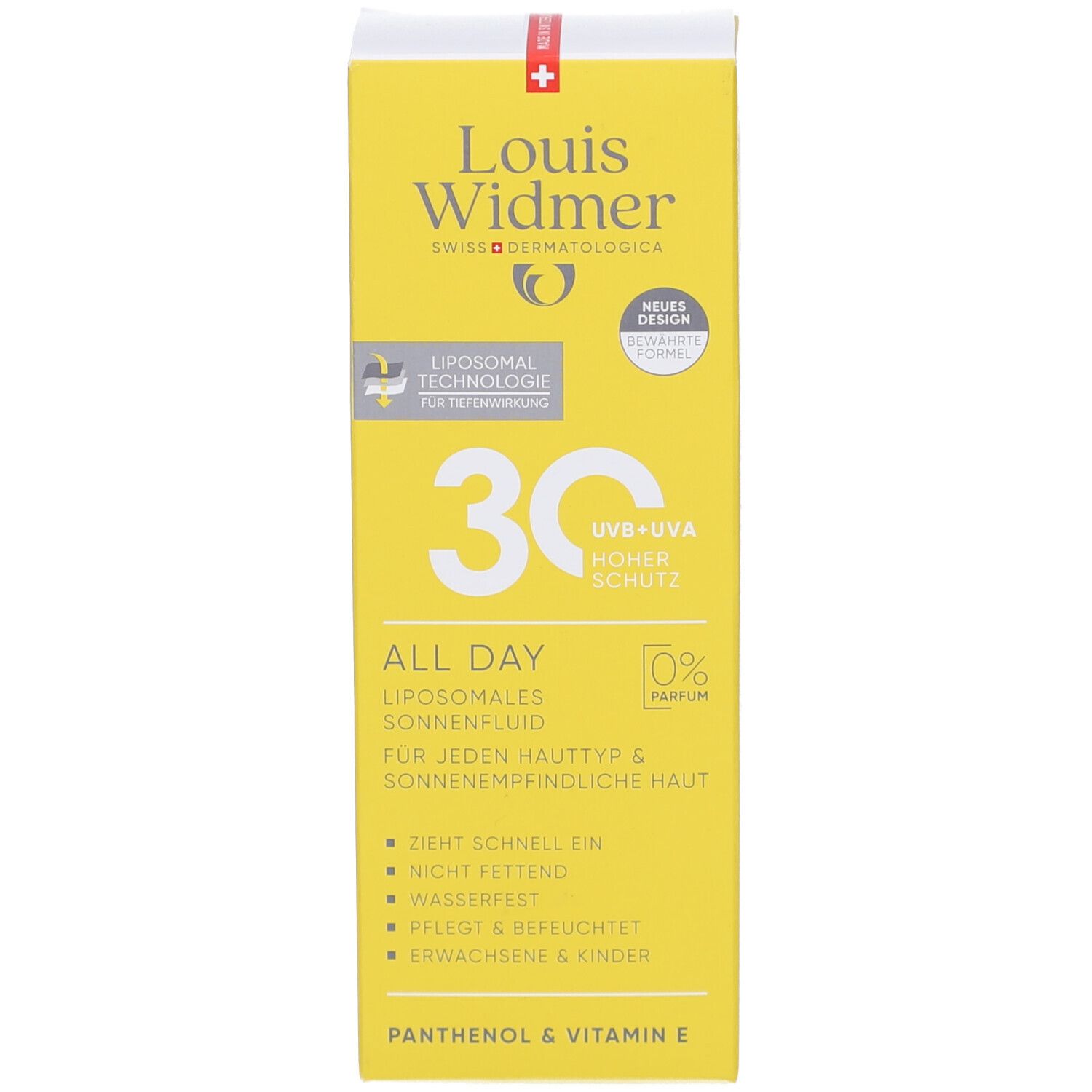 Gelbe Produktverpackung. Text: Louis Widmer, 30, All Day, liposomales Sonnenfluid. Zieht schnell ein, nicht fettend.