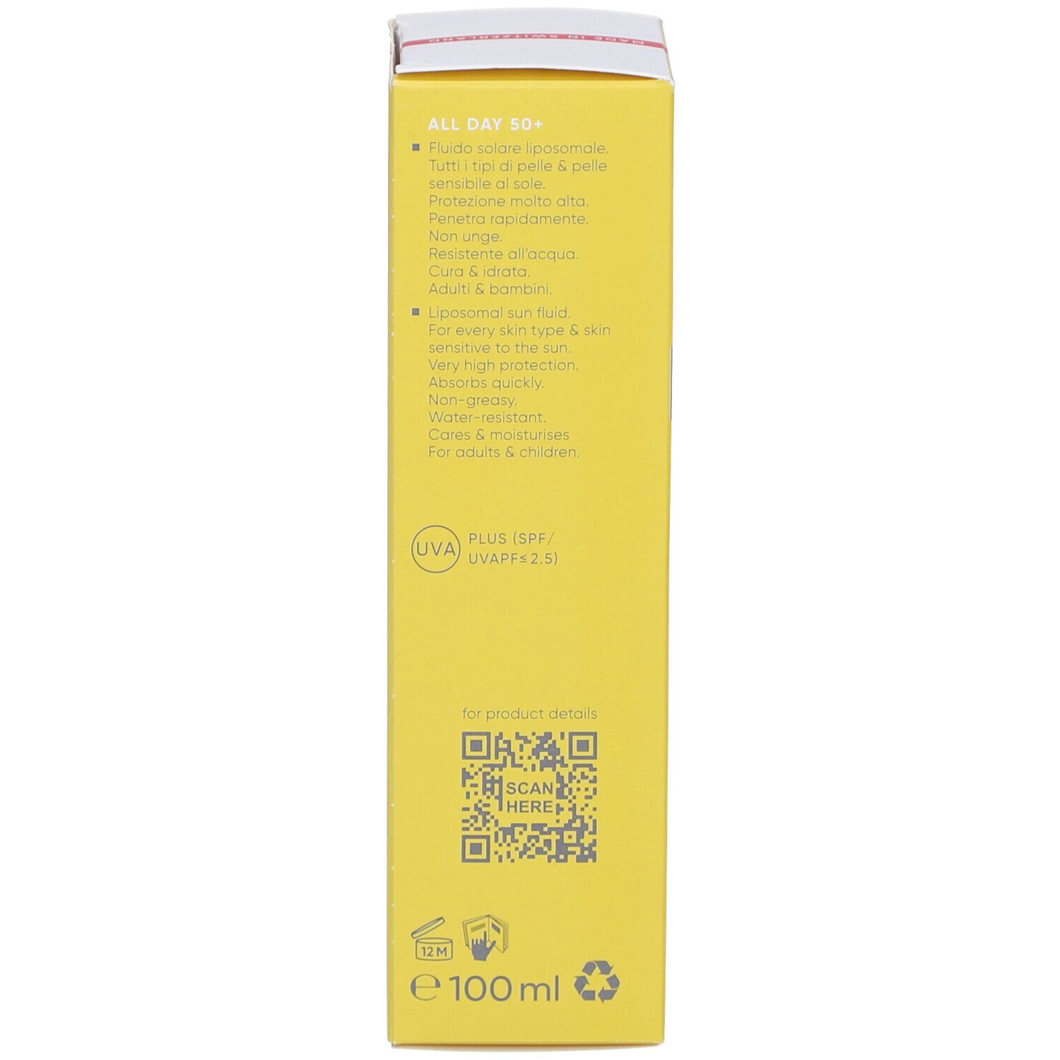 Rückseite der gelben Schachtel mit Sonnencreme. Text in mehreren Sprachen. QR-Code und Herstellerinformationen.