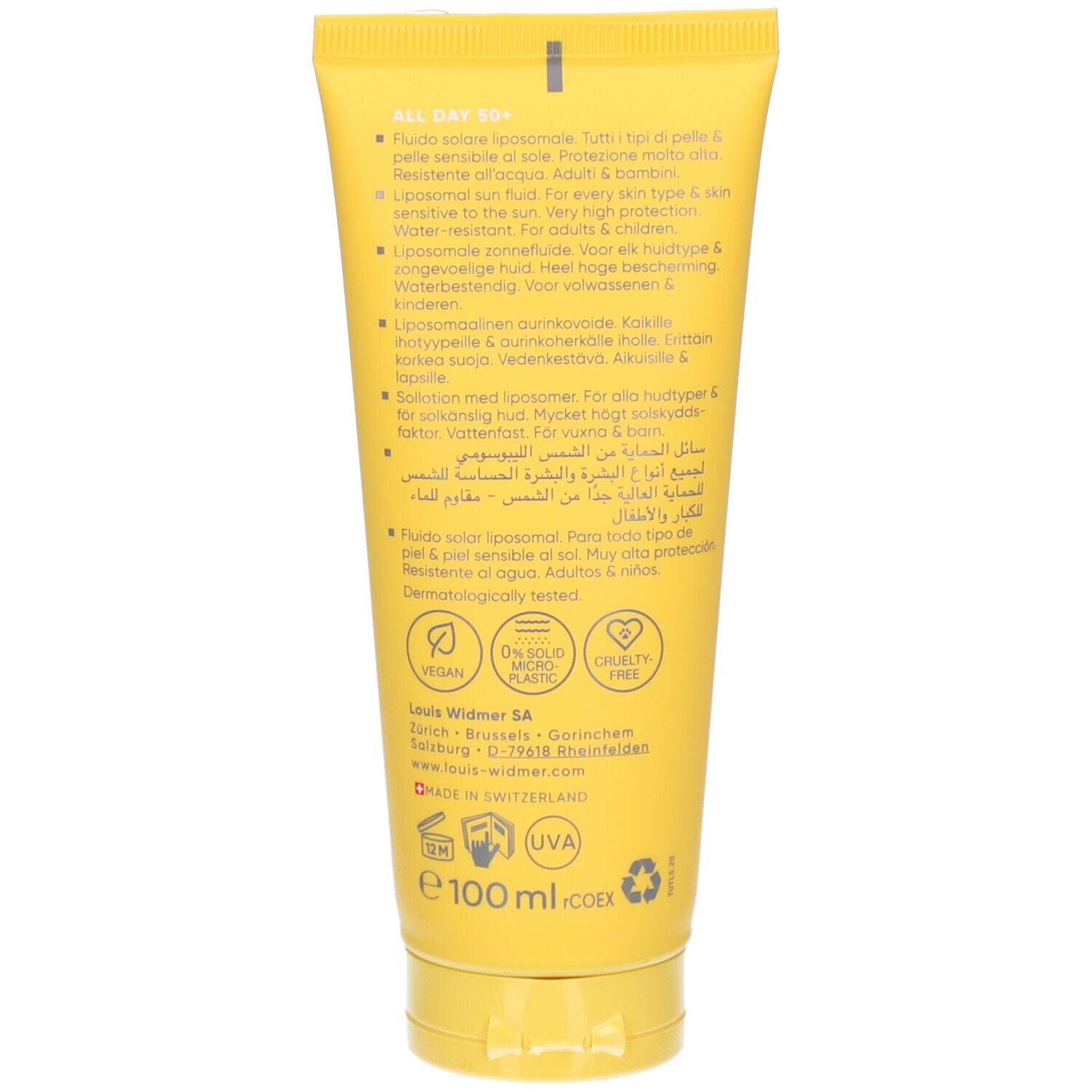 Rückseite der gelben Tube. Text in mehreren Sprachen. Informationen zu Inhaltsstoffen und Zertifizierungen.