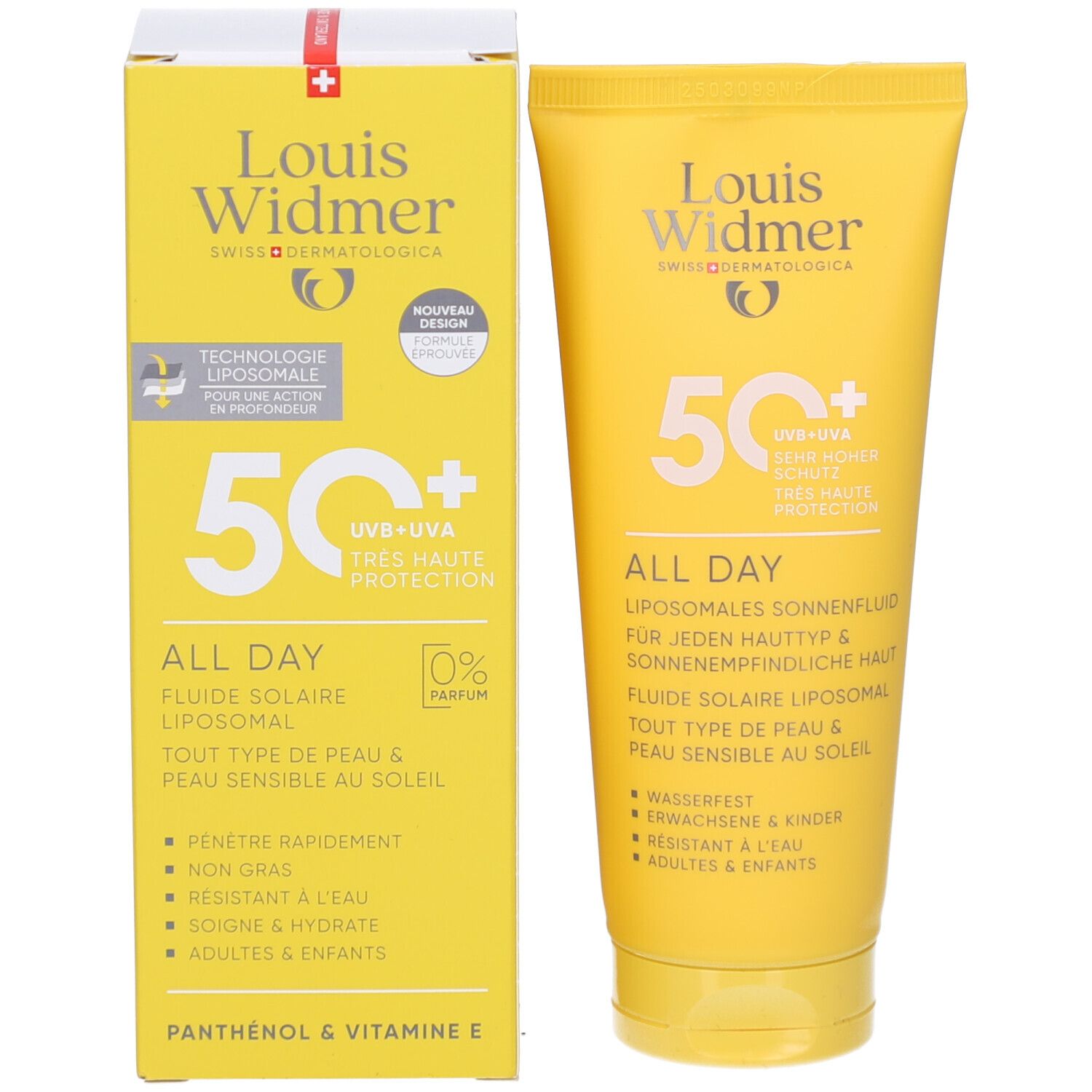 Gelbe Tube und Schachtel. Marke Louis Widmer, 50+ UV-Schutz. Text: ALL DAY, liposomale Sonnenfluid. Neues Design.