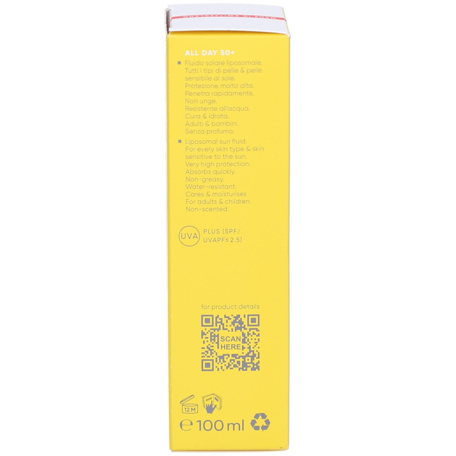 Rückseite der gelben Schachtel. Text in mehreren Sprachen. Informationen zu Inhaltsstoffen und QR-Code.