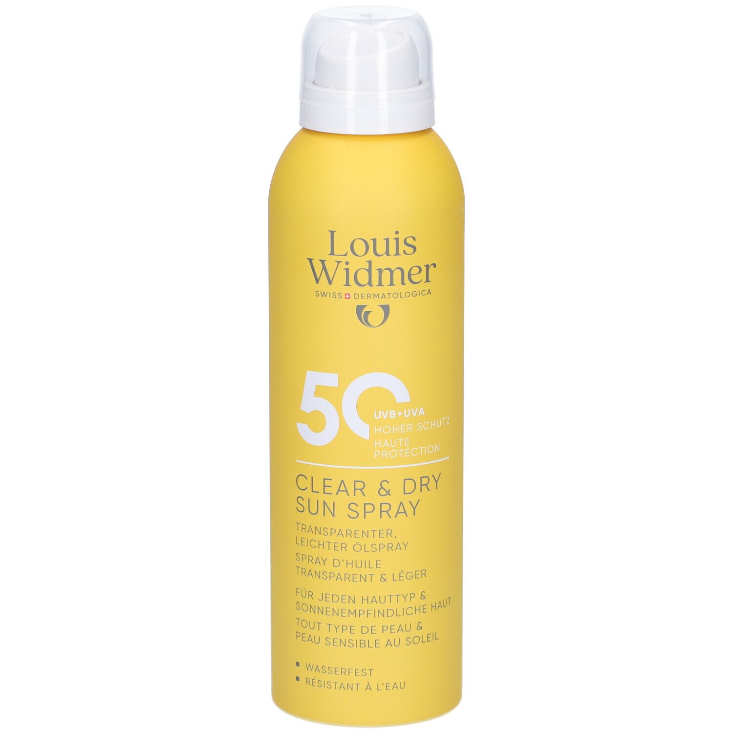 Gelbe Sprühflasche mit weißem Deckel. Aufschrift: Louis Widmer, 50, Clear & Dry Sun Spray.
