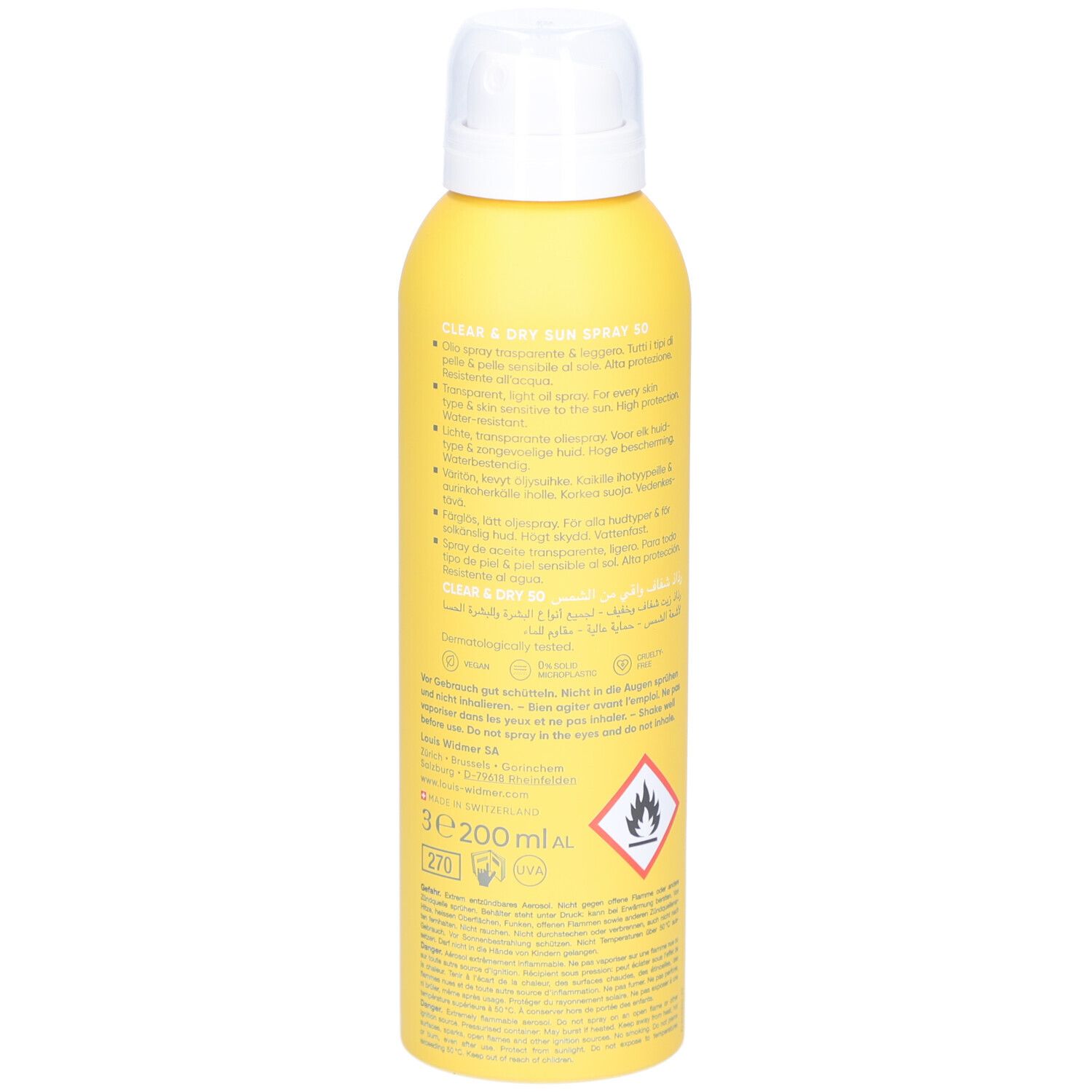 Gelbe Sprühflasche mit weißem Deckel. Aufschrift und Text auf der Seite, mit Warnsymbolen.