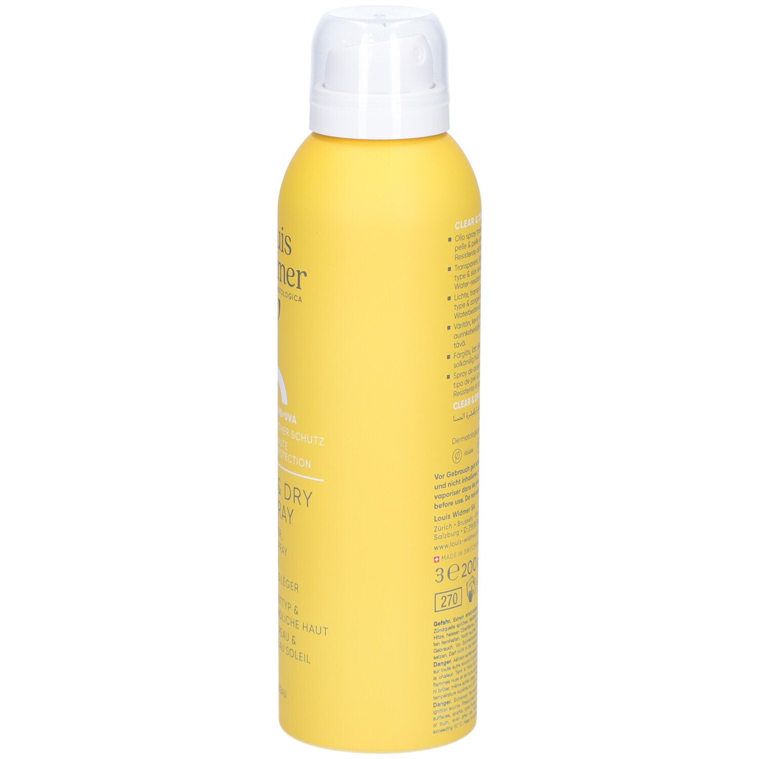 Gelbe Sprühflasche mit weißem Deckel. Aufschrift und Text auf der Seite.