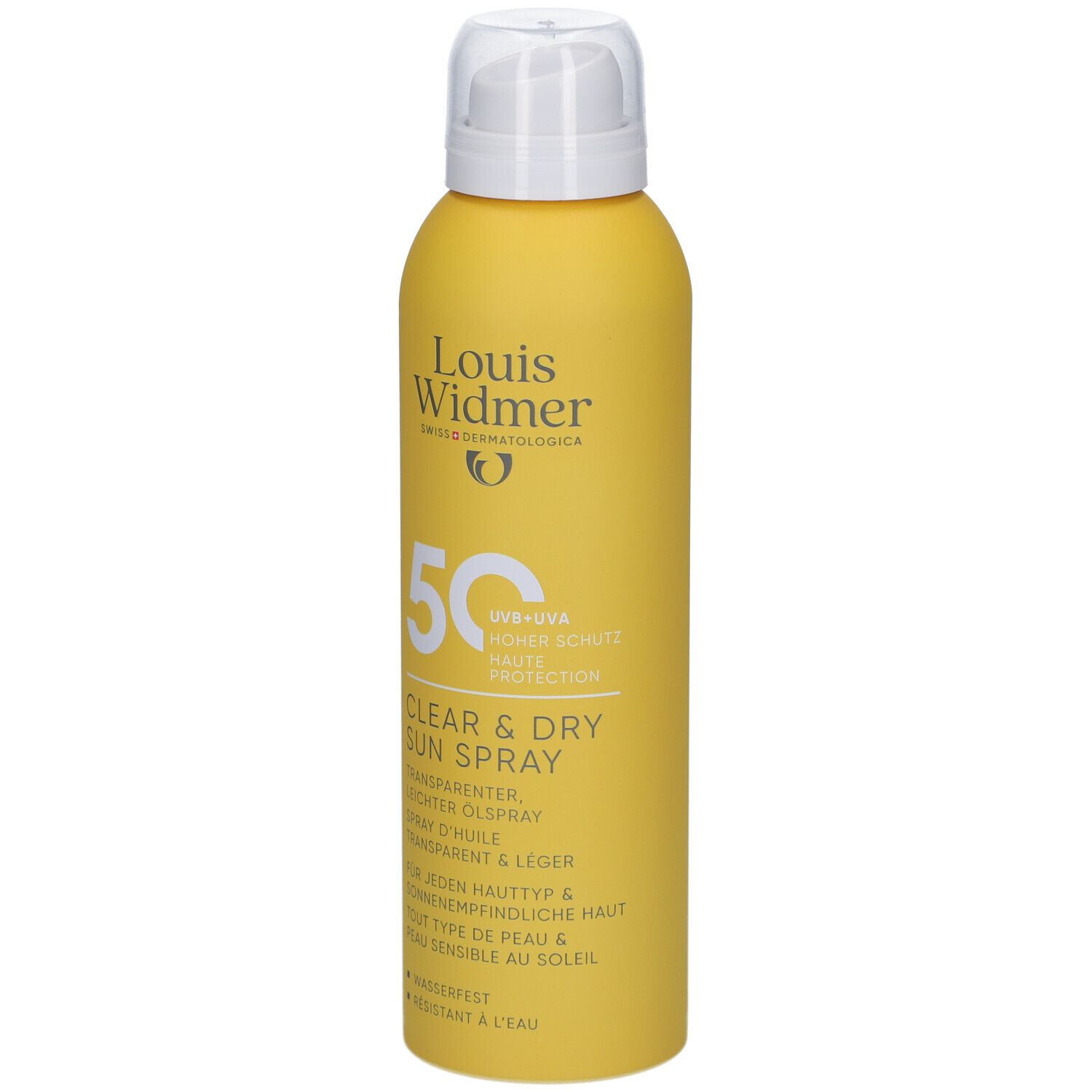 Gelbe Sprühflasche mit weißem Deckel. Aufschrift: Louis Widmer, 50, Clear & Dry Sun Spray.