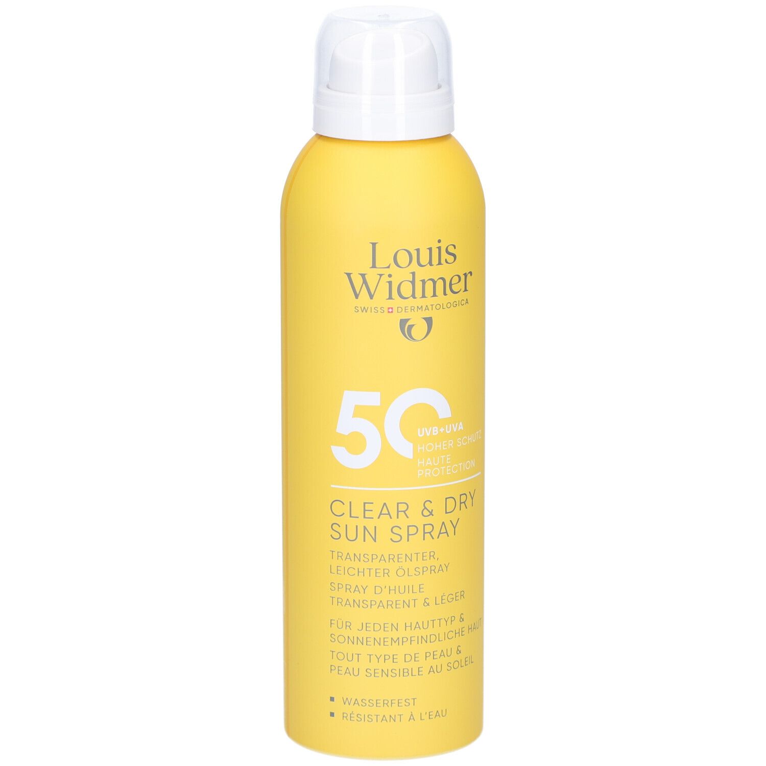 Gelbe Sprühflasche mit weißem Deckel. Aufschrift: Louis Widmer, 50, Clear & Dry Sun Spray.