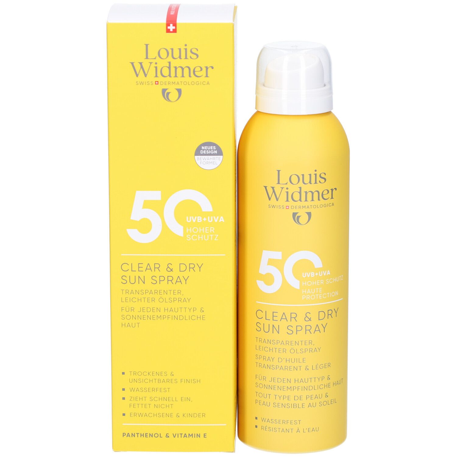 Gelbe Sprühflasche und Schachtel. Aufschrift: Louis Widmer, 50, Clear & Dry Sun Spray.