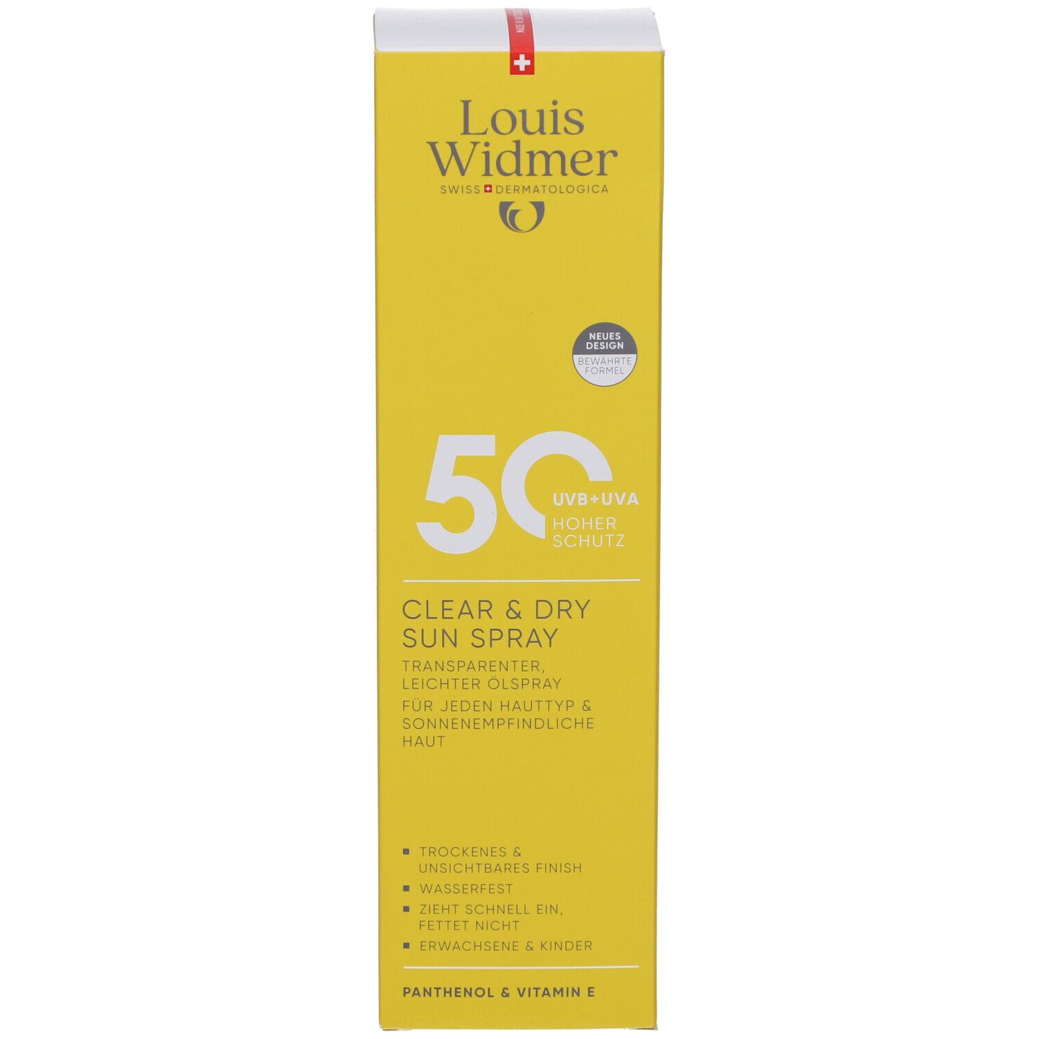 Gelbe Schachtel mit Aufschrift: Louis Widmer, 50, Clear & Dry Sun Spray.