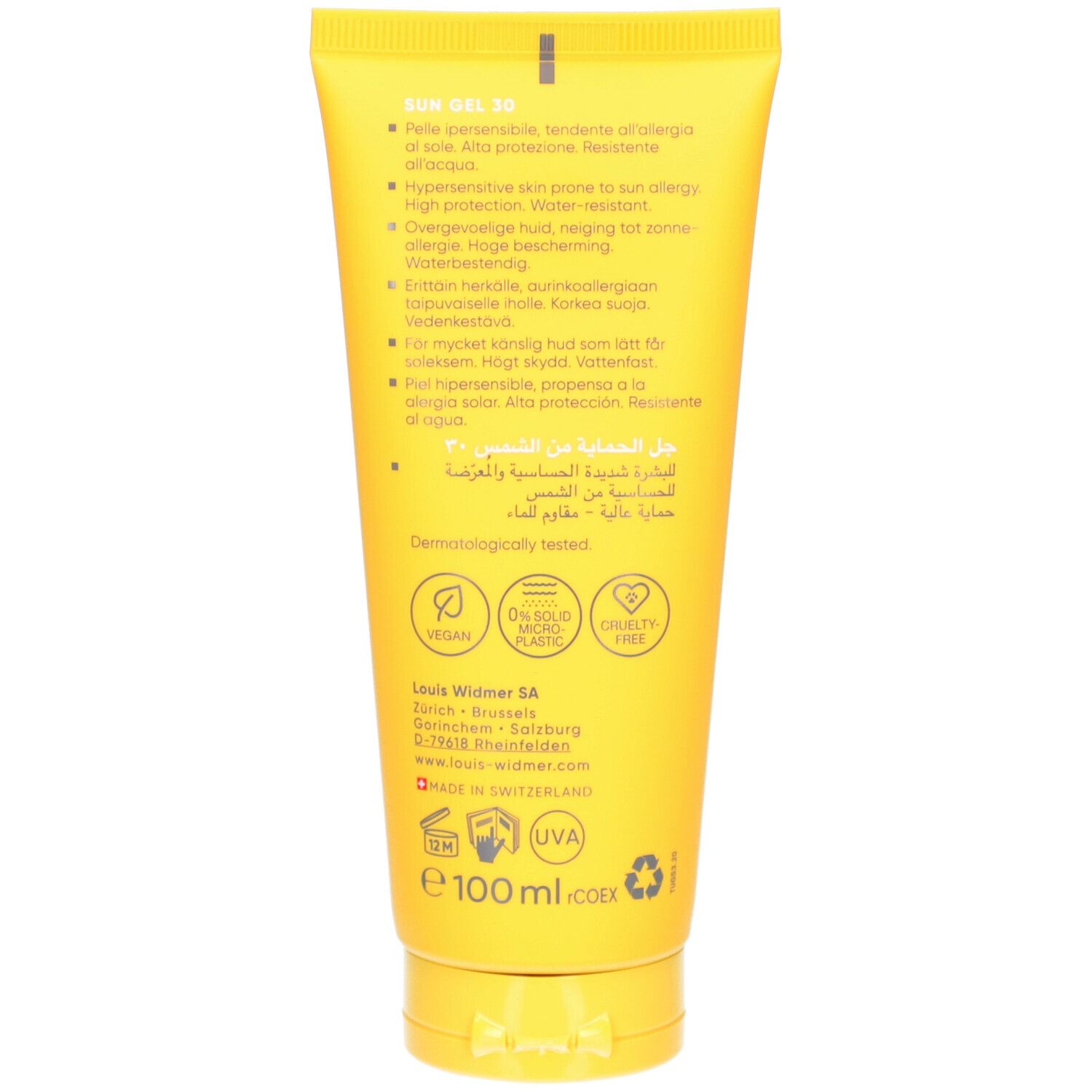 Rückseite der Sun Gel Tube. Gelbe Tube mit Text in mehreren Sprachen. Enthält Informationen zu Inhaltsstoffen und Zertifizierungen.