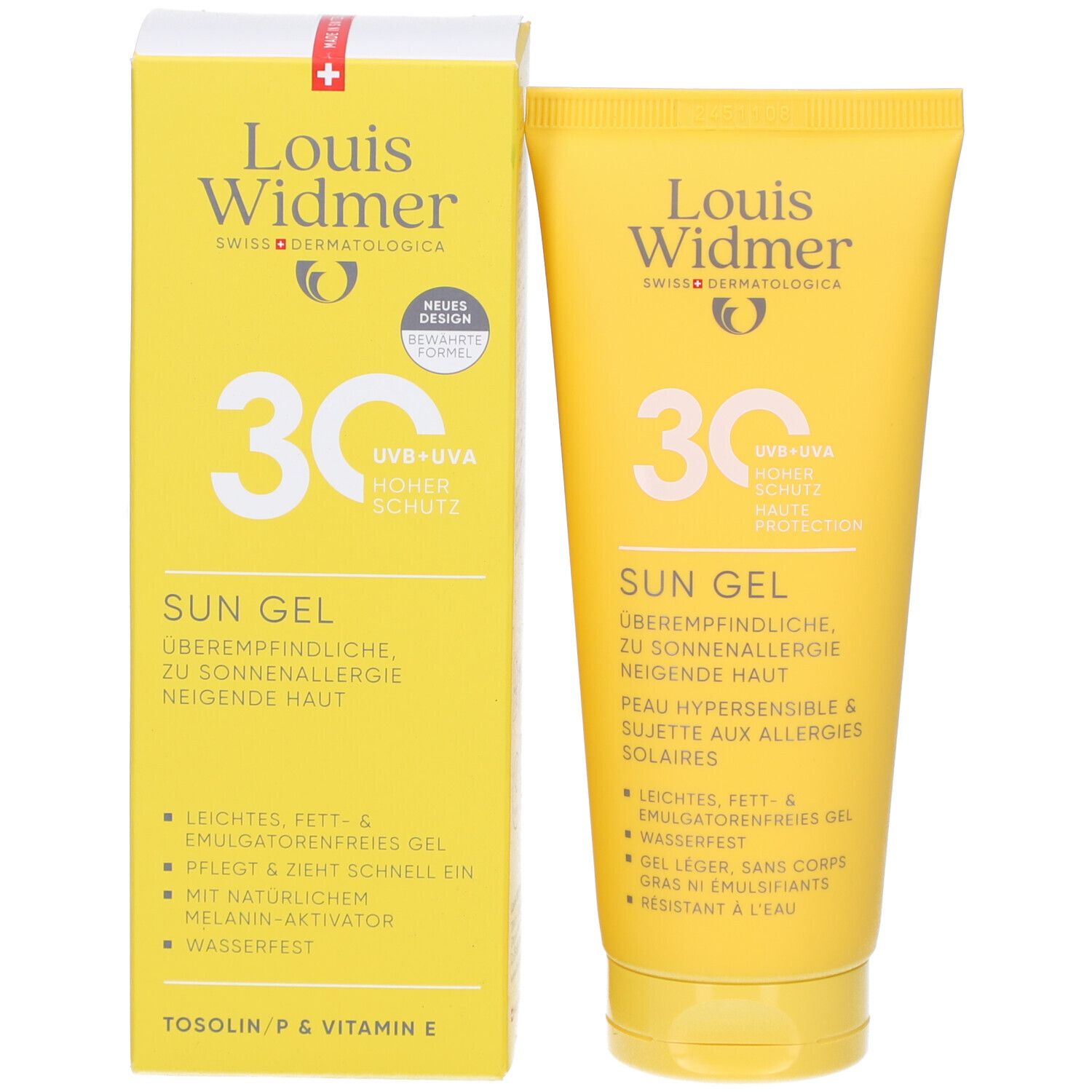 Louis Widmer Sun Gel SPF 30 und Verpackung. Gelbe Tube und Schachtel mit weißer Schrift. Aufschrift: Sun Gel, 30, UV-UVA, hoher Schutz.