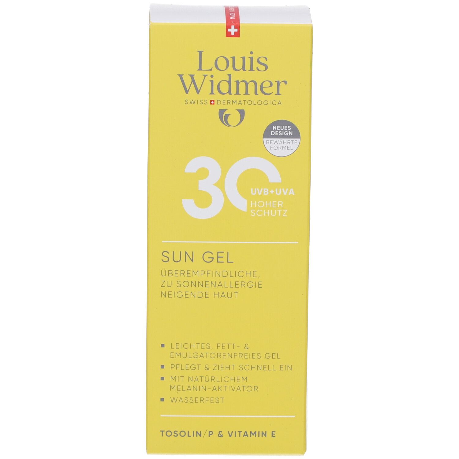 Verpackung von Louis Widmer Sun Gel SPF 30. Gelbe Schachtel mit weißer Schrift. Aufschrift: Sun Gel, 30, UV-UVA, hoher Schutz.