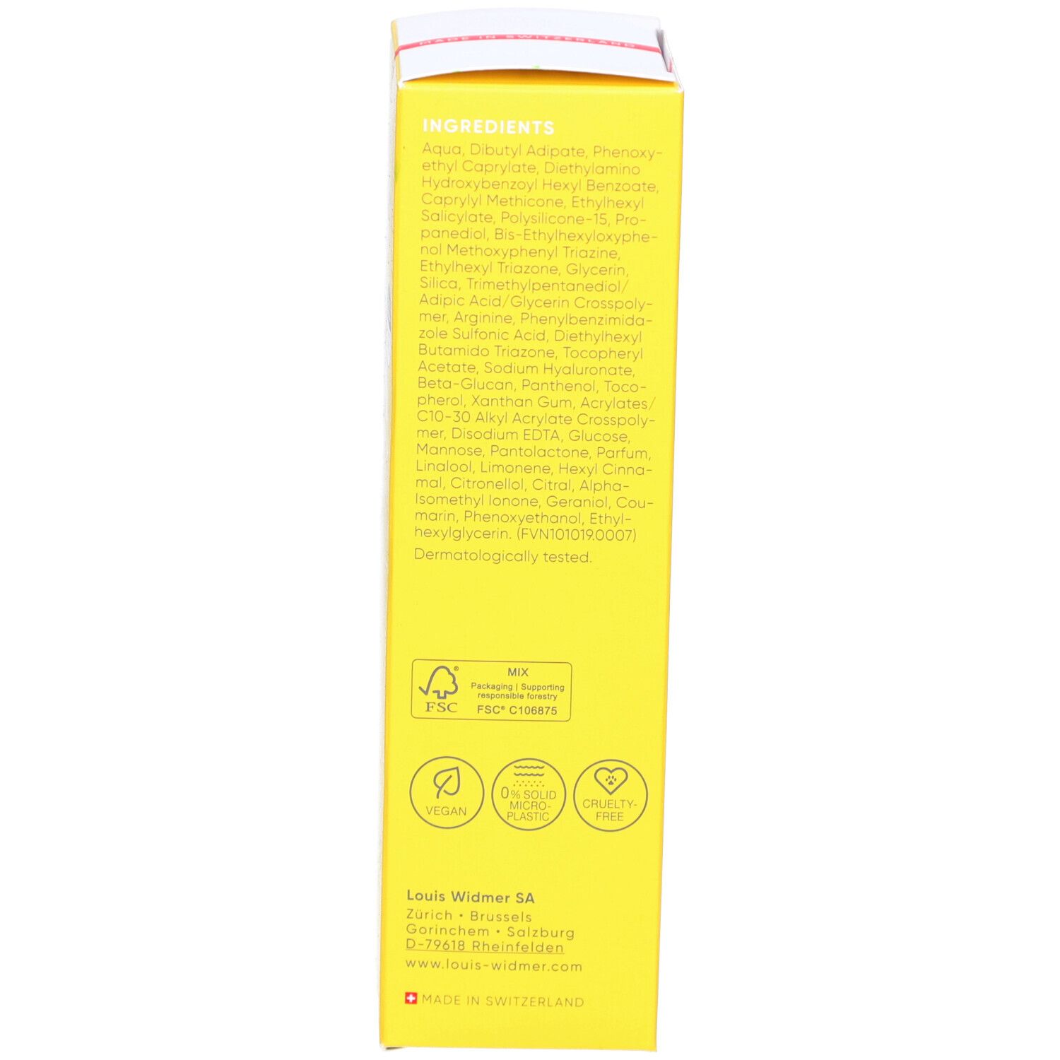 Rückseite der Verpackung von Louis Widmer Sun Gel SPF 30. Gelbe Schachtel mit Text in mehreren Sprachen. Enthält Inhaltsstoffe.