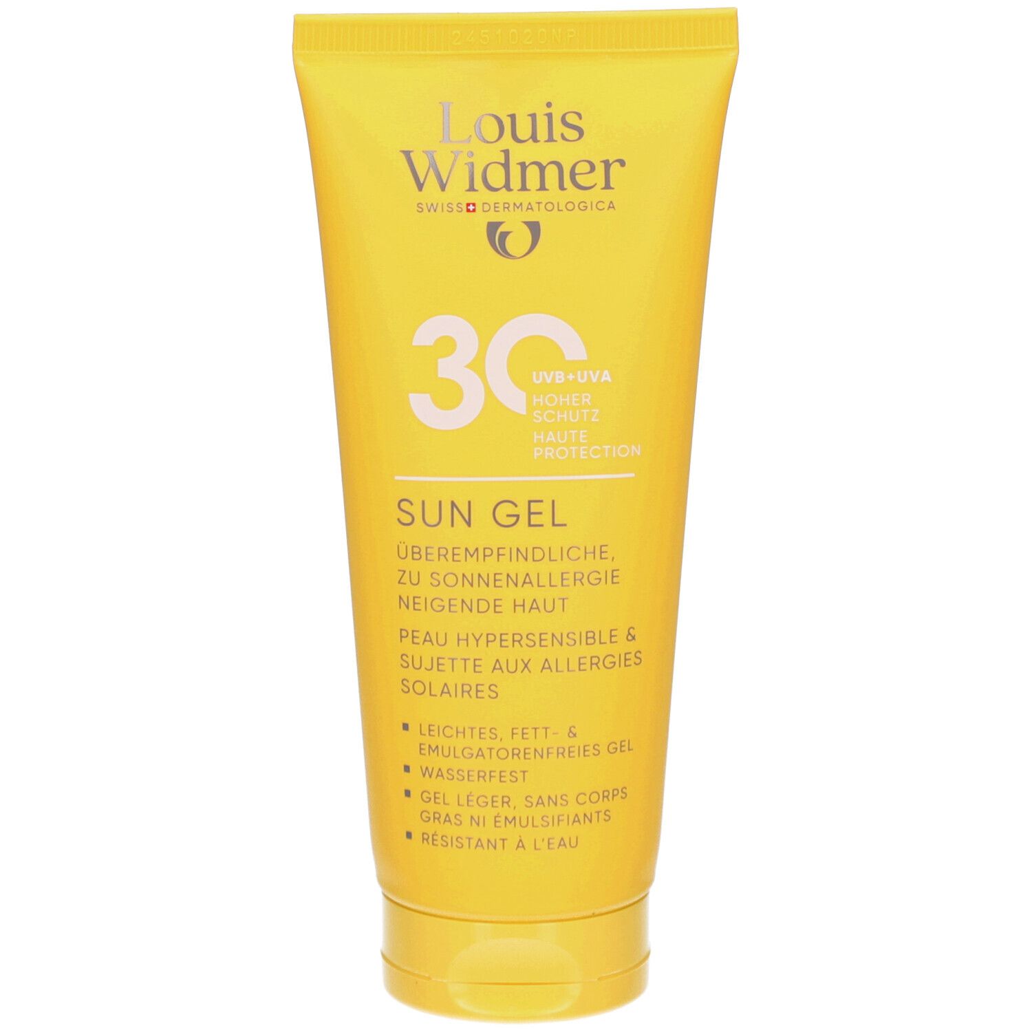 Gelbe Tube Louis Widmer Sun Gel SPF 30. Text: Sun Gel, für sonnenempfindliche Haut. Logo und Schriftzug: Louis Widmer.