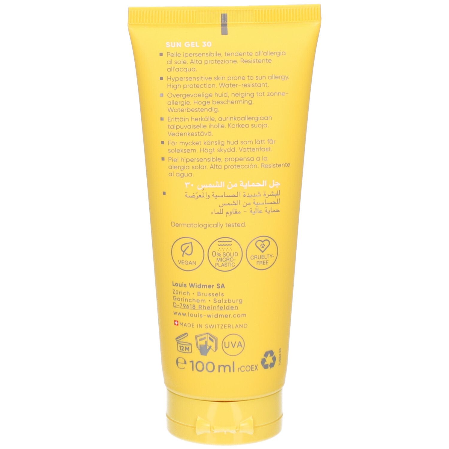 Rückseite der gelben Tube Louis Widmer Sun Gel SPF 30. Text: Sun Gel, für sonnenempfindliche Haut. Logos: Vegan, 0% Duftstoffe, Cruelty Free.