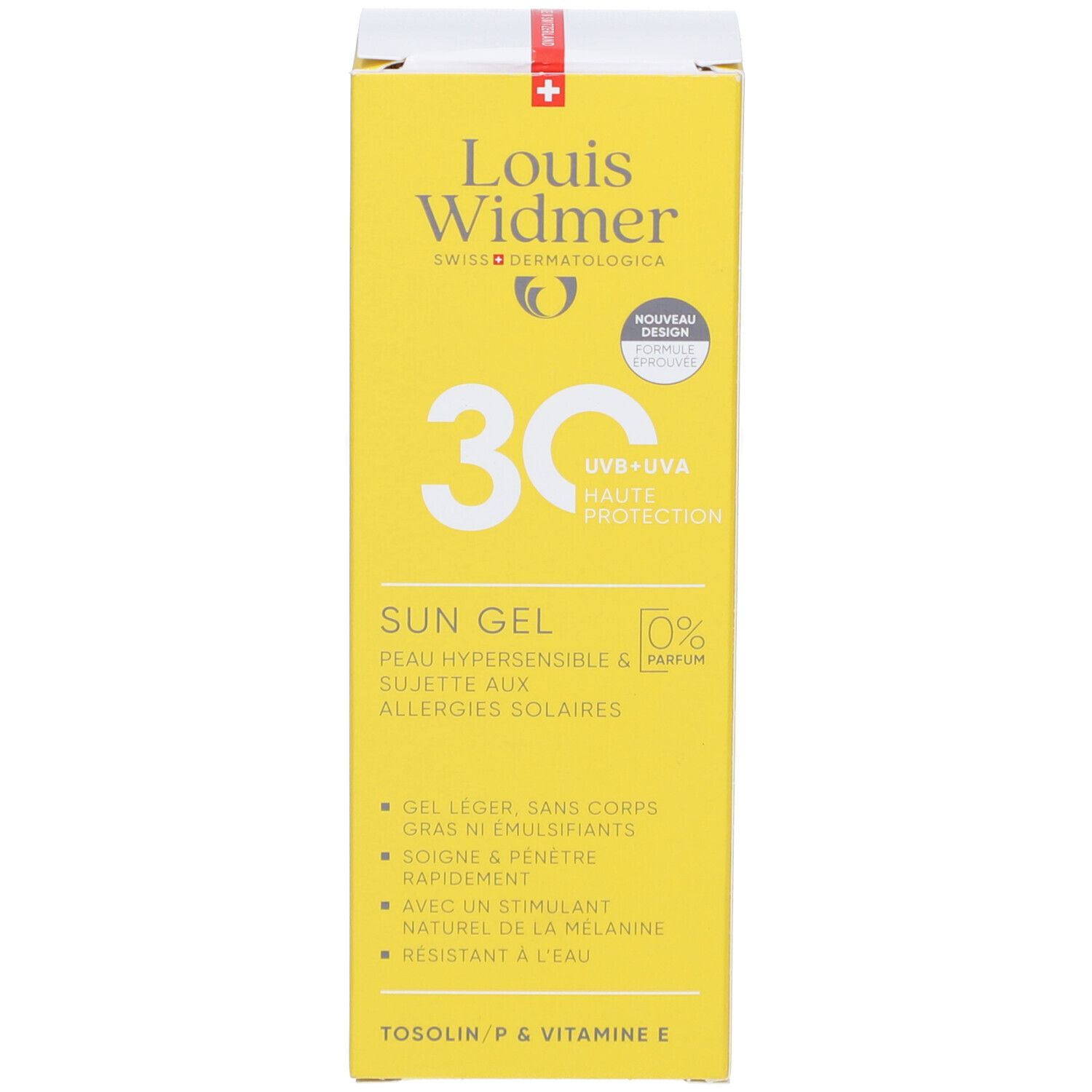 Gelbe Schachtel Louis Widmer Sun Gel SPF 30. Text: Sun Gel, für sonnenempfindliche Haut. Logo: Louis Widmer. 0% Parfum.