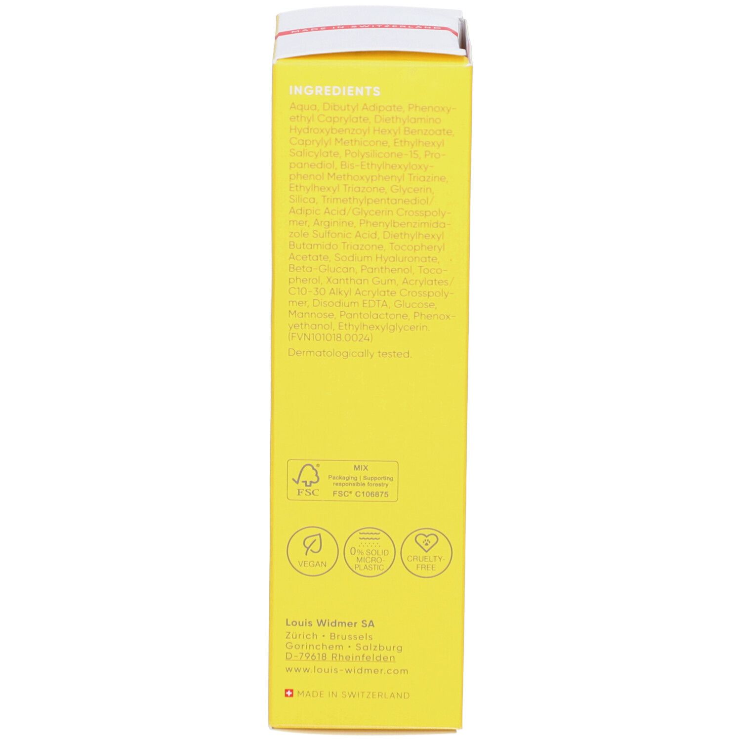 Rückseite der gelben Schachtel Louis Widmer Sun Gel SPF 30. Text: Inhaltsstoffe. Logos: Vegan, 0% Duftstoffe, Cruelty Free.