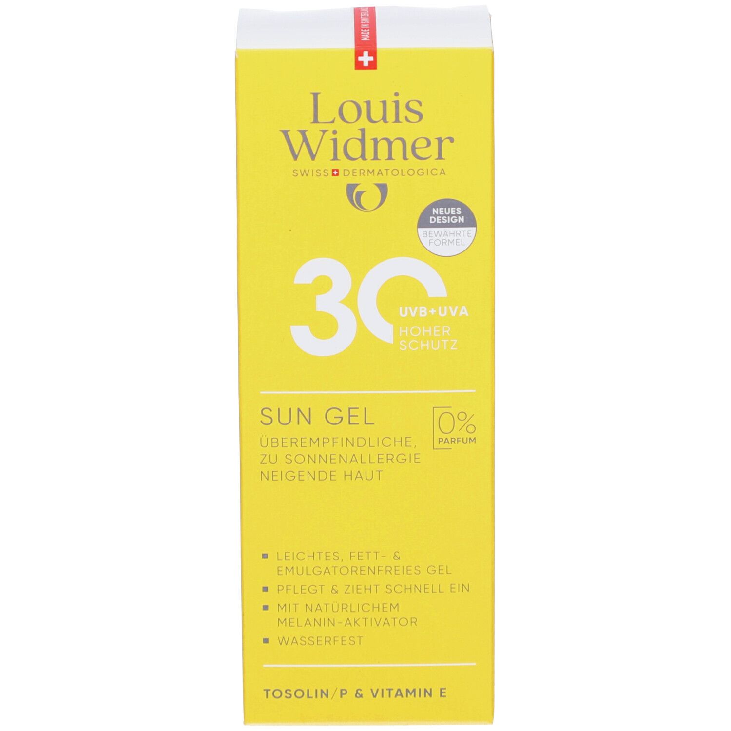 Gelbe Schachtel Louis Widmer Sun Gel SPF 30. Text: Sun Gel, für sonnenempfindliche Haut. Logo: Louis Widmer. 0% Parfum.